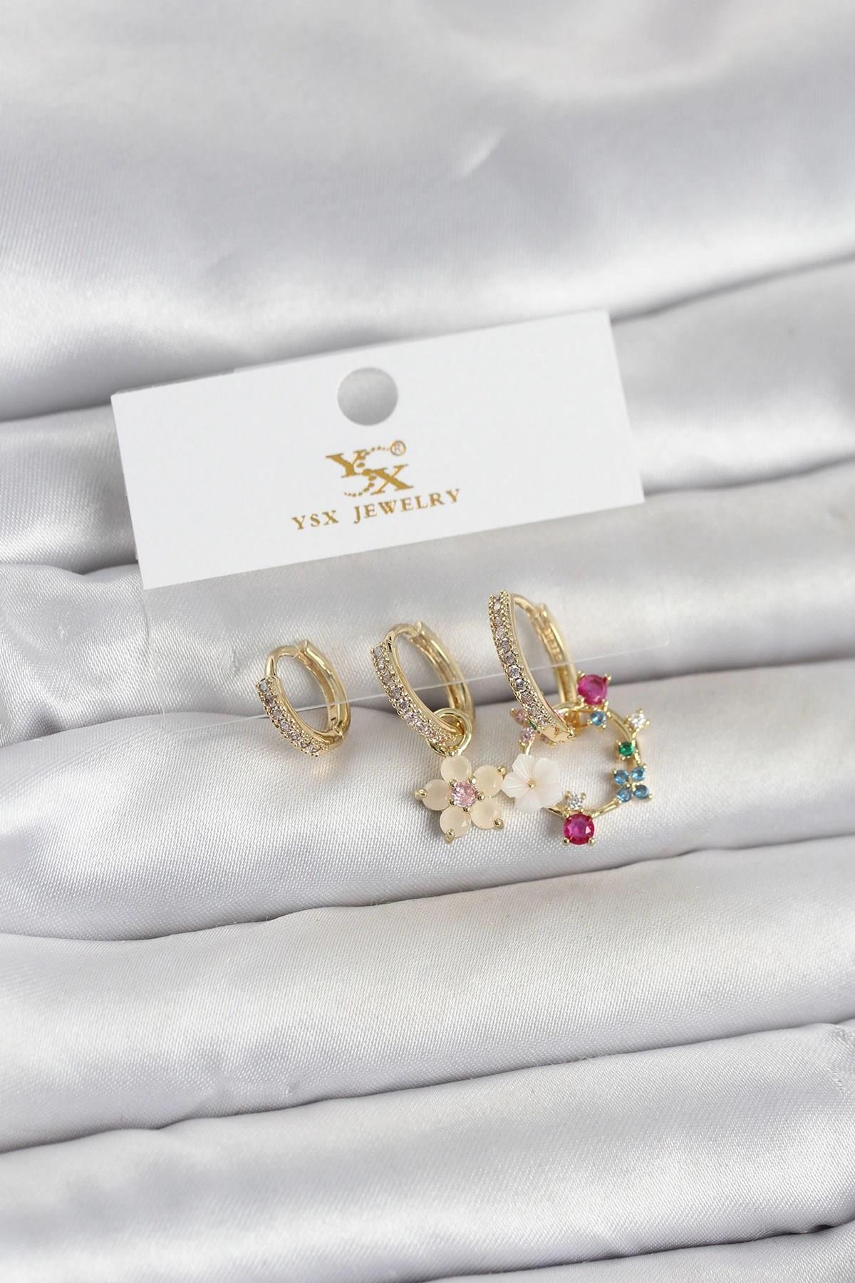 Mey İthalat® Pirinç Gold Renk Çiçek Model 3'lü Kadın Küpe