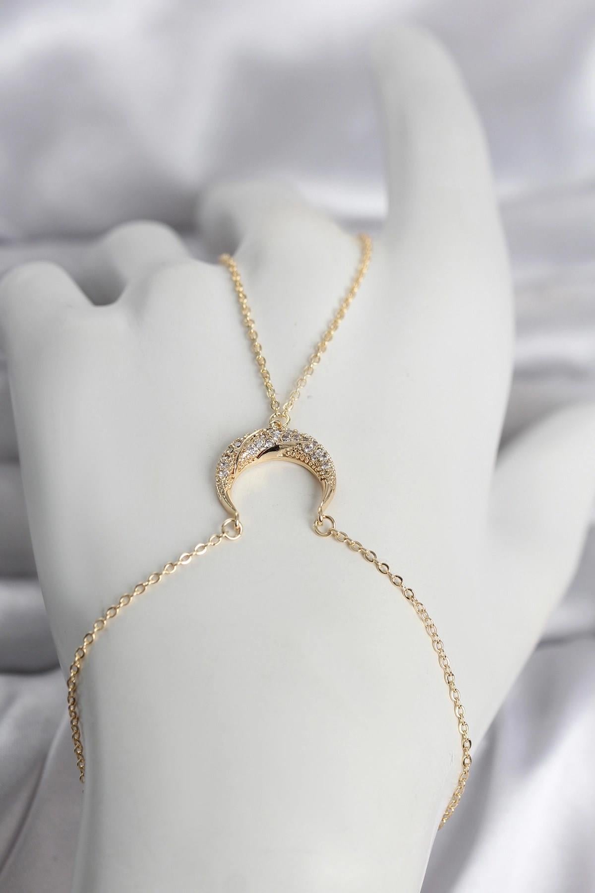 Mey İthalat® Pirinç Gold Renk Hilal Model Zirkon Taşlı Kadın Şahmeran