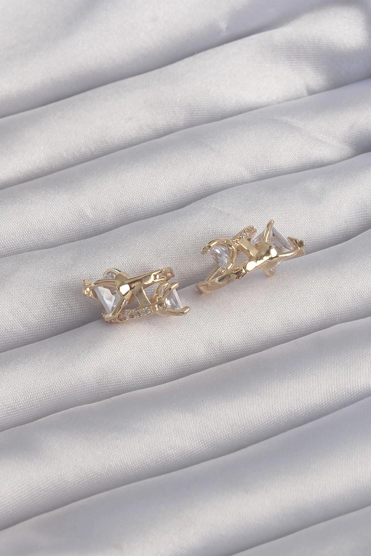 Mey İthalat® Pirinç Gold Renk İri Zirkon Taşlı Kıvrımlı Minimal Kelebekli Halka Küpe