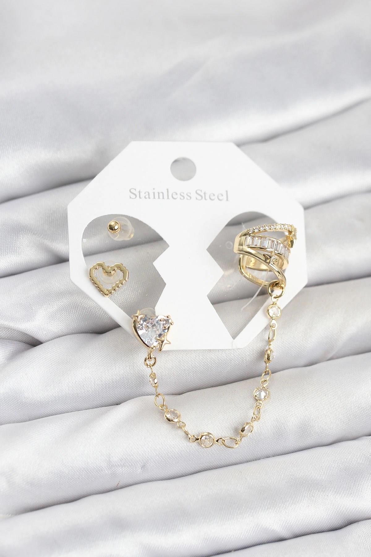 Mey İthalat® Pirinç Gold Renk Kalp Model Zincir Bağlantılı Ear Cuff Küpe Seti
