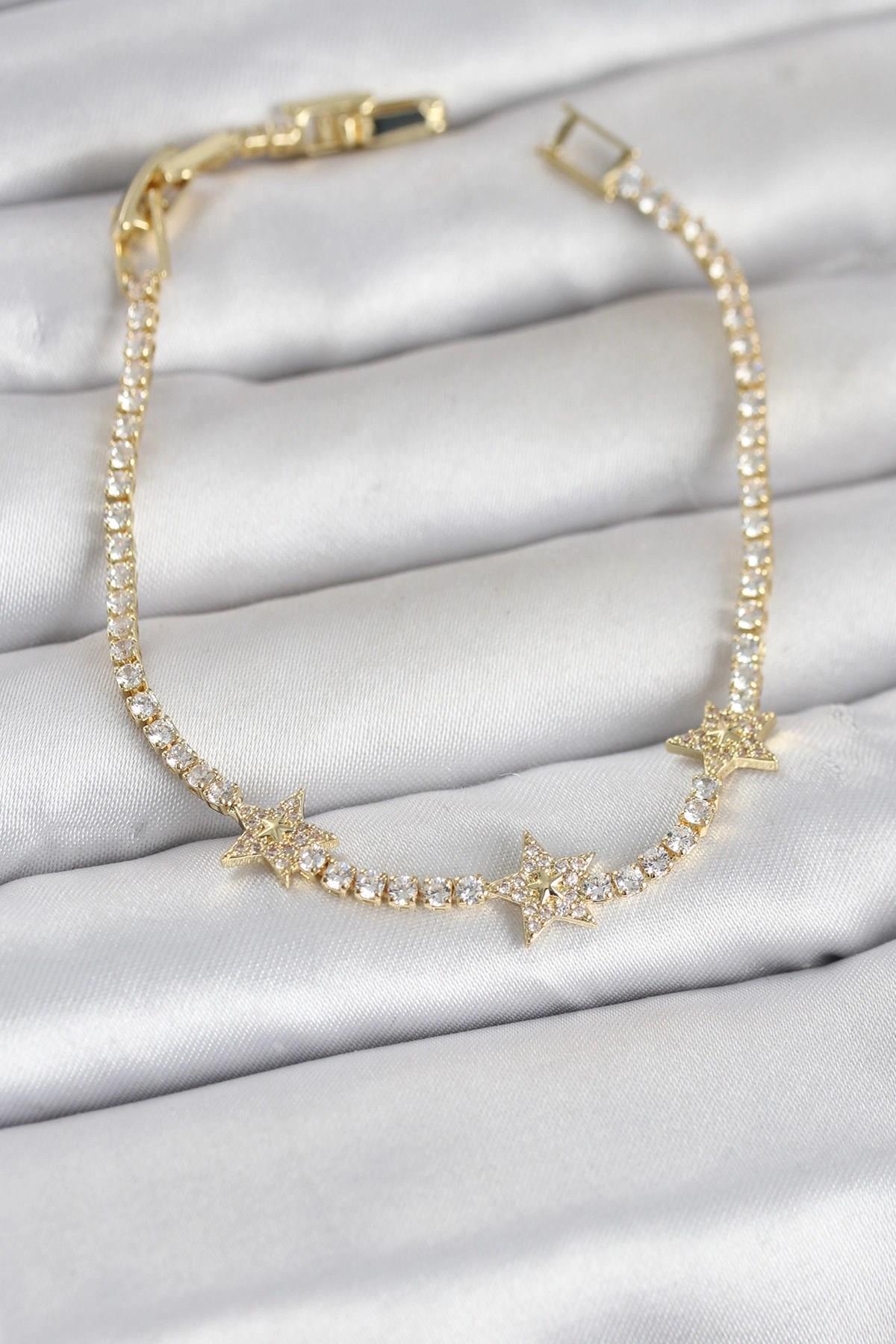 Mey İthalat® Pirinç Gold Renk Minimal Yıldız Model Zirkon Taşlı Su Yolu Kadın Bileklik