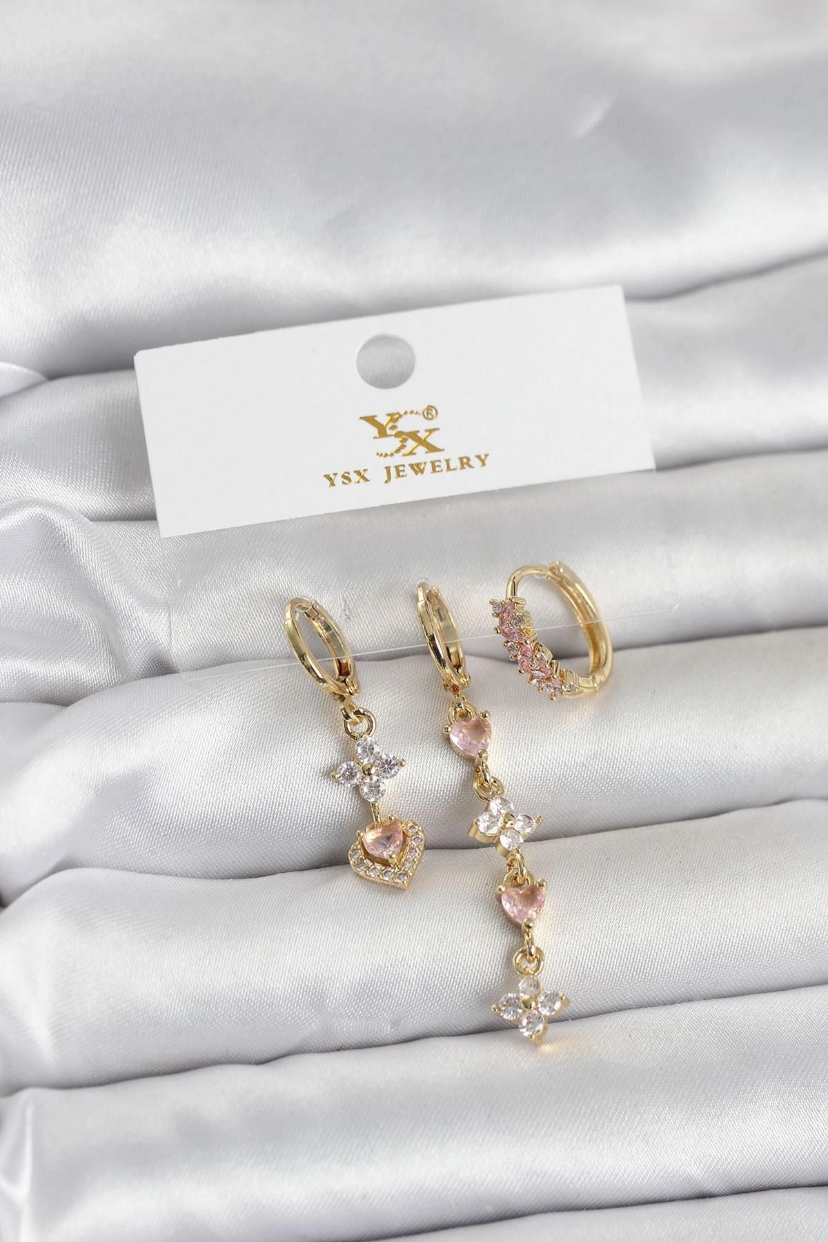 Mey İthalat® Pirinç Gold Renk Pembe Zirkon Taşlı 3'lü Kadın Küpe