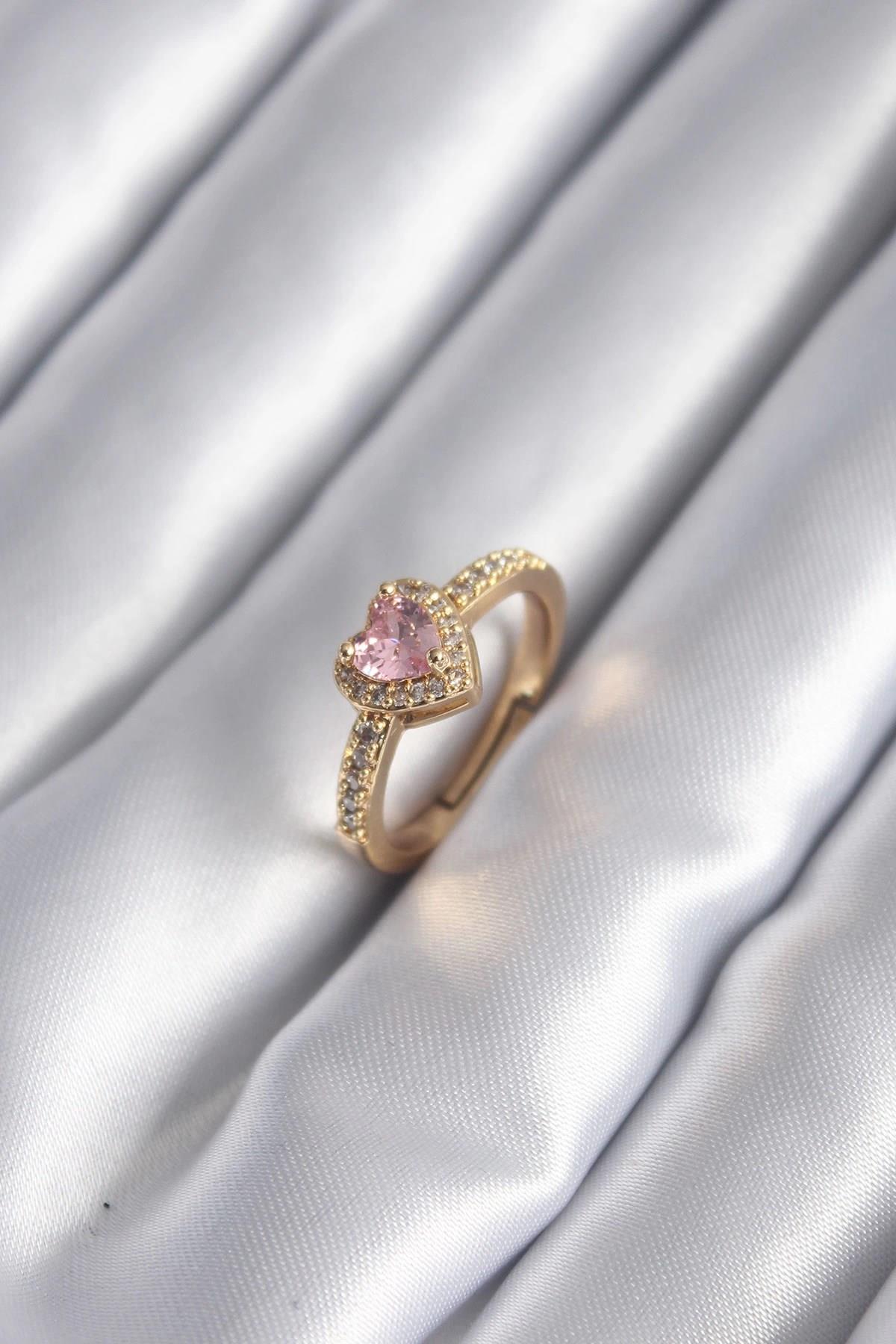 Mey İthalat® Pirinç Gold Renk Pembe Zirkon Taş Kalp Charm Model Kadın Yüzük