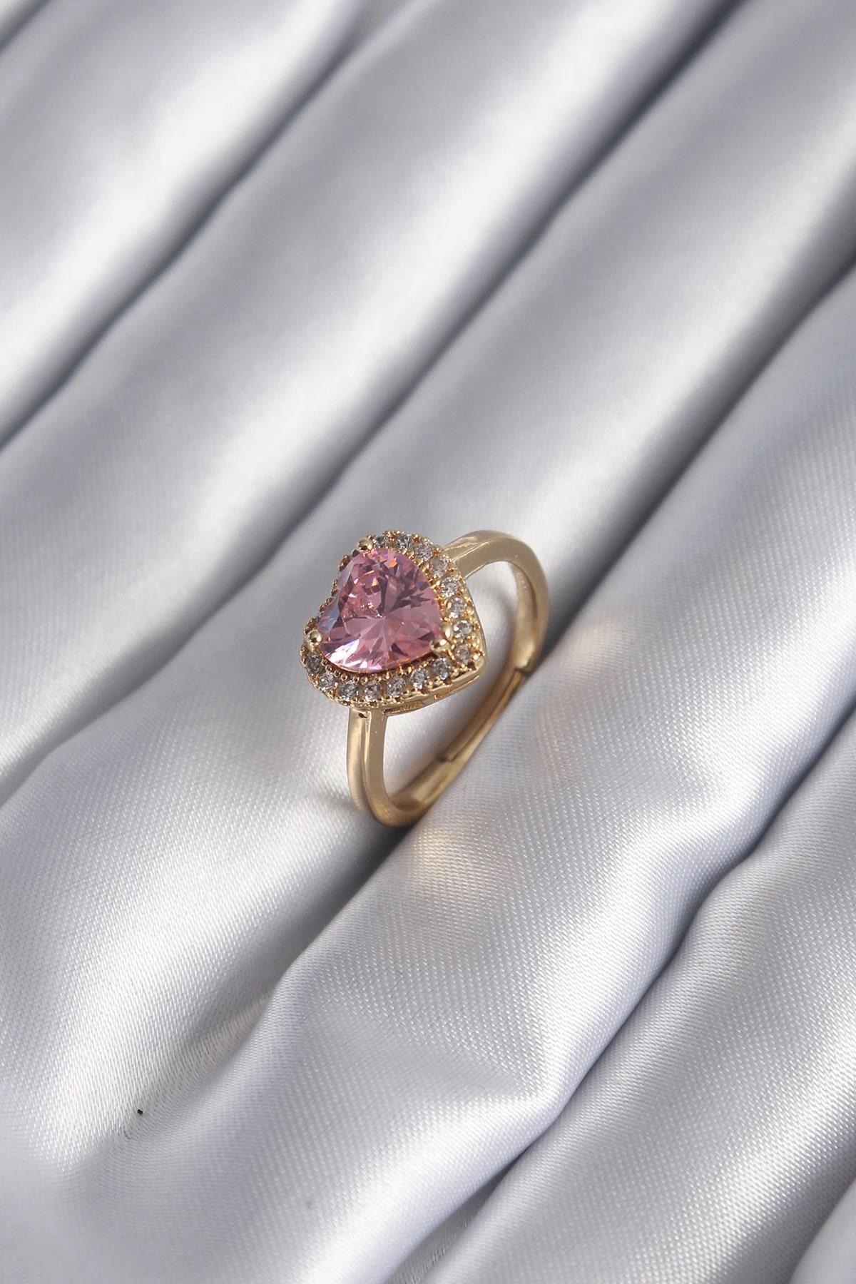 Mey İthalat® Pirinç Gold Renk Pembe Zirkon Taş Kalp Charm Model Kadın Yüzük