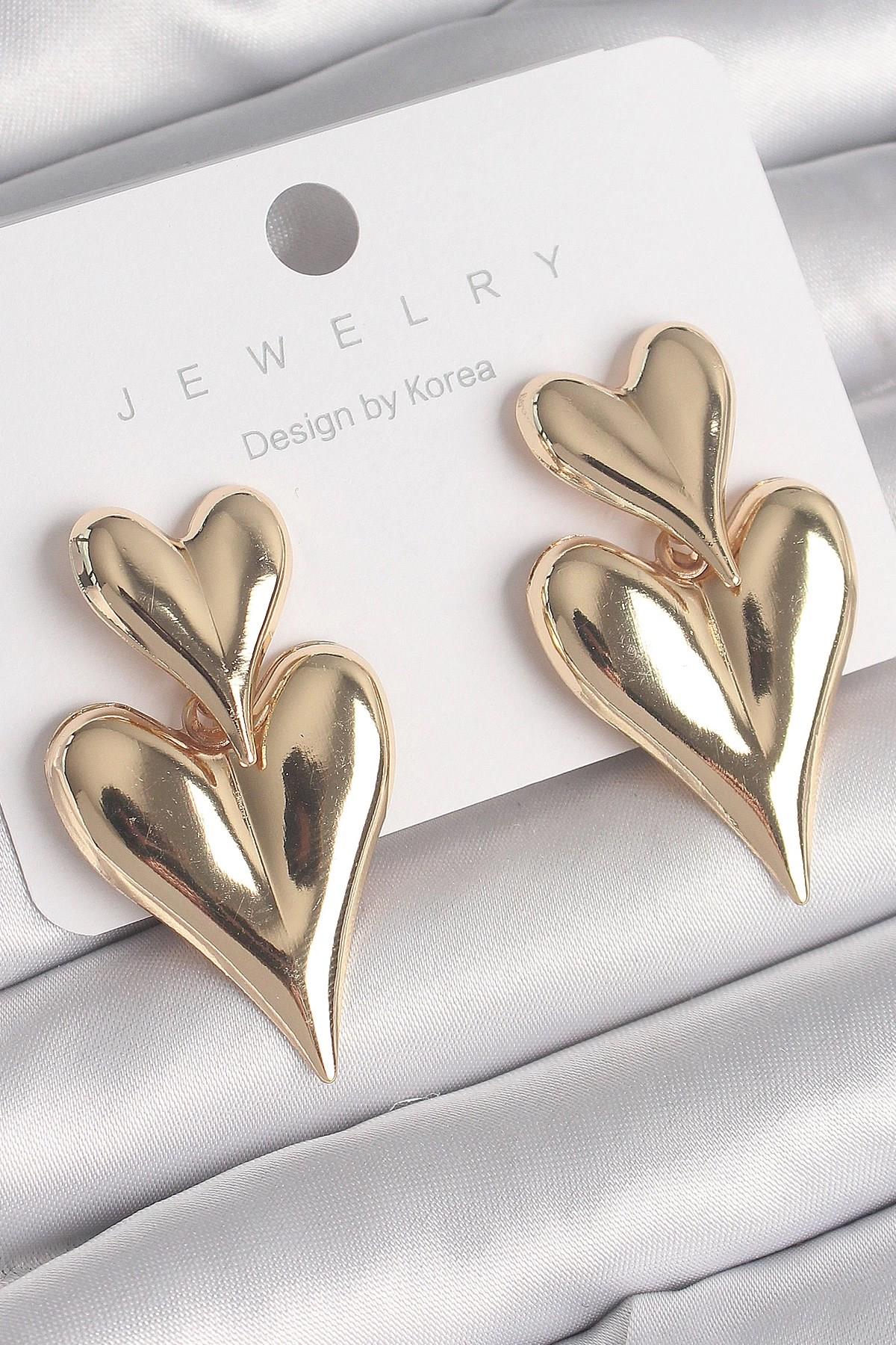 Mey İthalat® Pirinç Gold Renk Sallantı Kalp Model Kadın Küpe