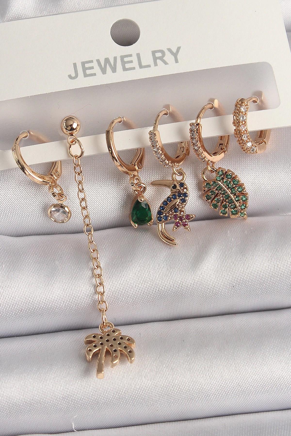 Mey İthalat® Pirinç Gold Renk Sallantı Zirkon Taşlı Ağaç Figür Kadın Küpe Seti