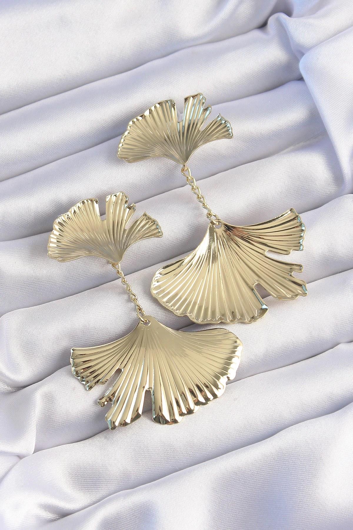 Mey İthalat® Pirinç Gold Renk Tırtıklı Yaprak Model Sallantılı Küpe