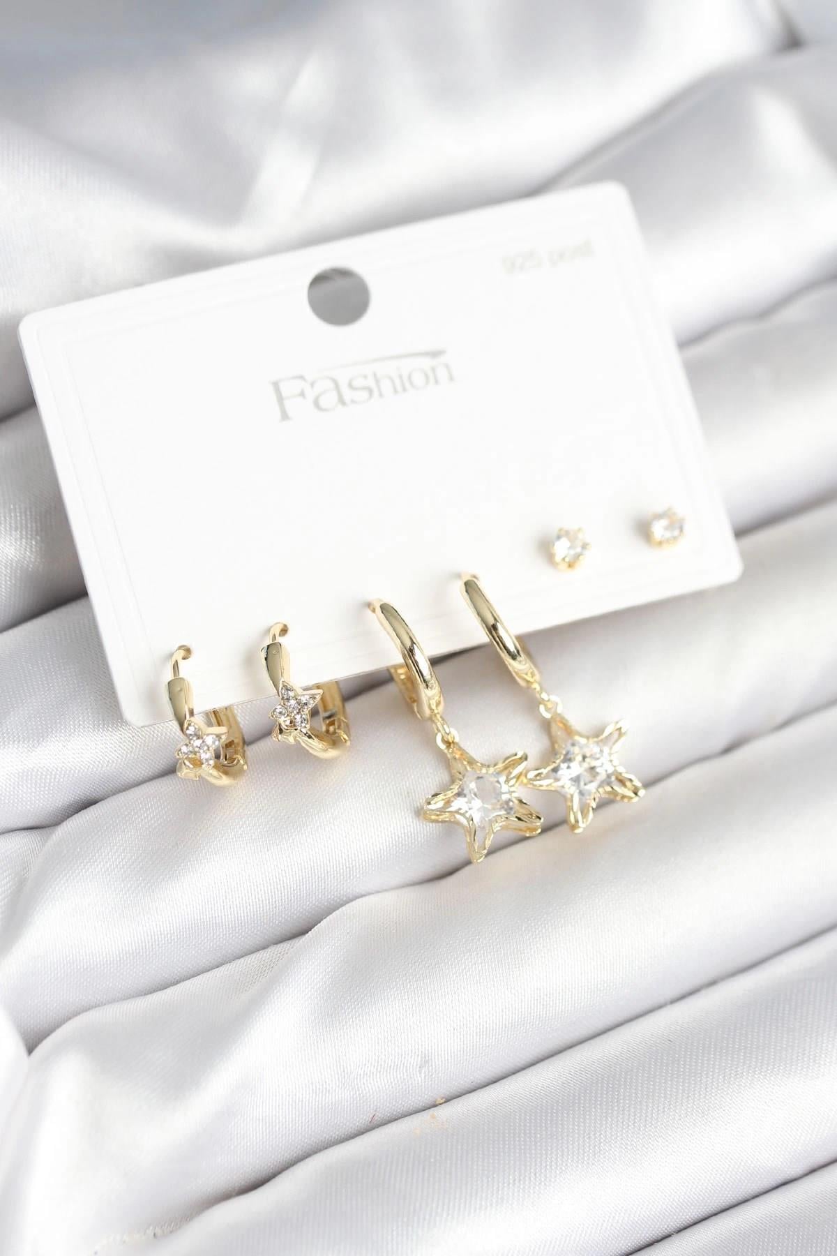 Mey İthalat® Pirinç Gold Renk Yıldız Model 925 Gümüş Çivili Kadın Küpe Seti