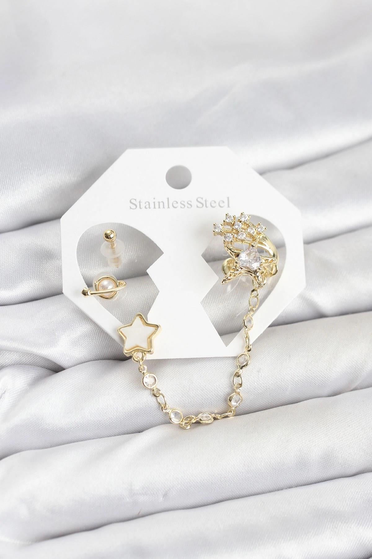 Mey İthalat® Pirinç Gold Renk Yıldız Model Zincir Bağlantılı Ear Cuff Küpe Seti