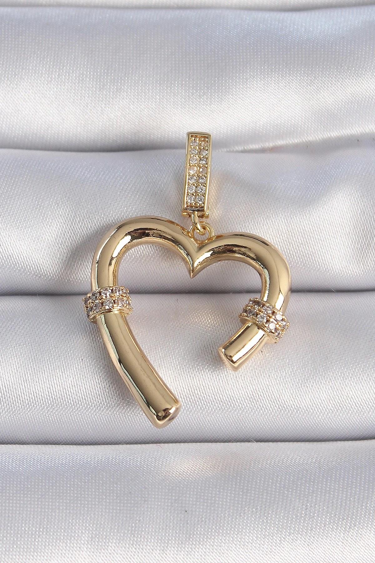 Mey İthalat® Pirinç Gold Renk Zirkon Taş Detaylı Kalp Figür Ajda Charm