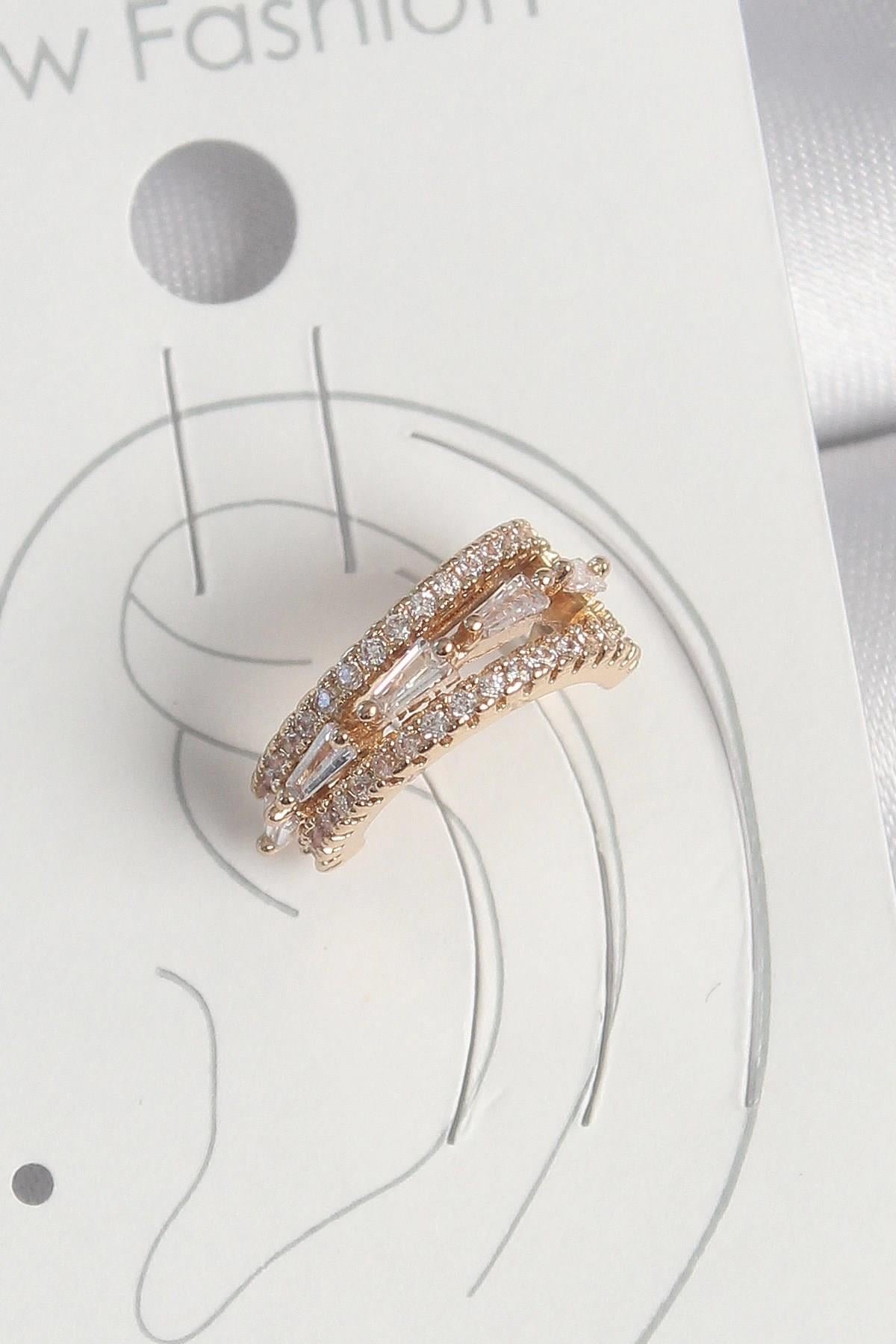 Mey İthalat® Pirinç Gold Renk Zirkon Taşlı 3'Lü Sıralı Model Kadın Kıkırdak Küpe