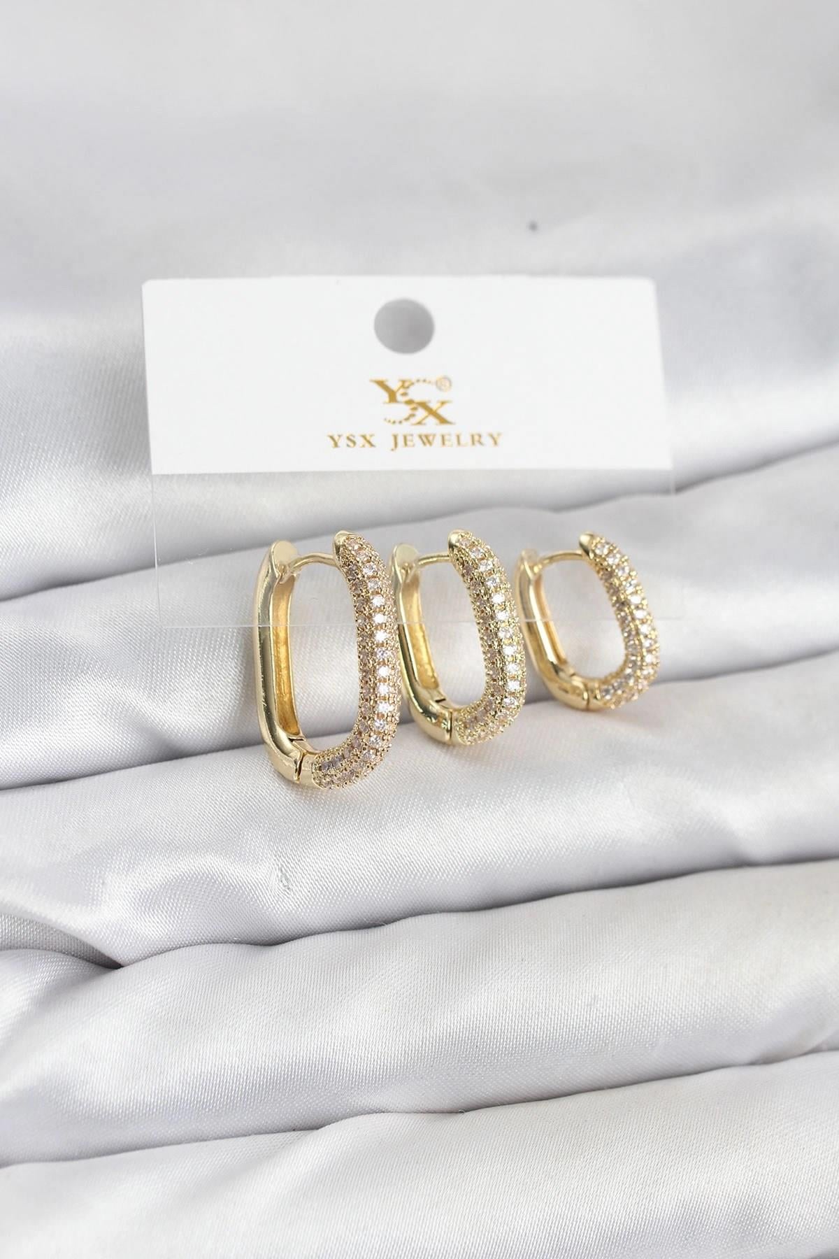Mey İthalat® Pirinç Gold Renk Zirkon Taşlı Halka Model YSX Trio Küpe Seti