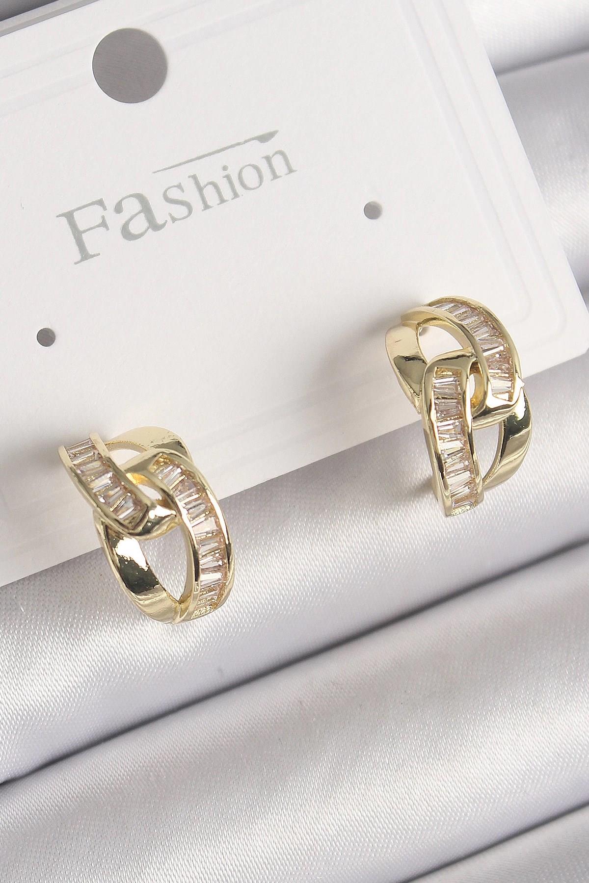 Mey İthalat® Pirinç Gold Renk Zirkon Taşlı Zincir Model Kadın Küpe