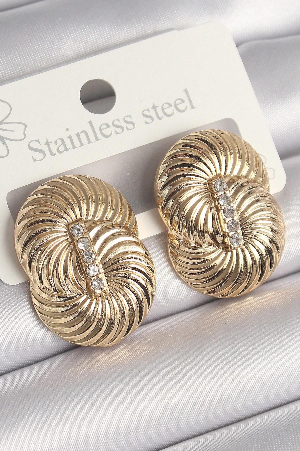 Mey İthalat® Pirinç Gold Renk Zirkon Taşlı Sarmal Model Kadın Küpe