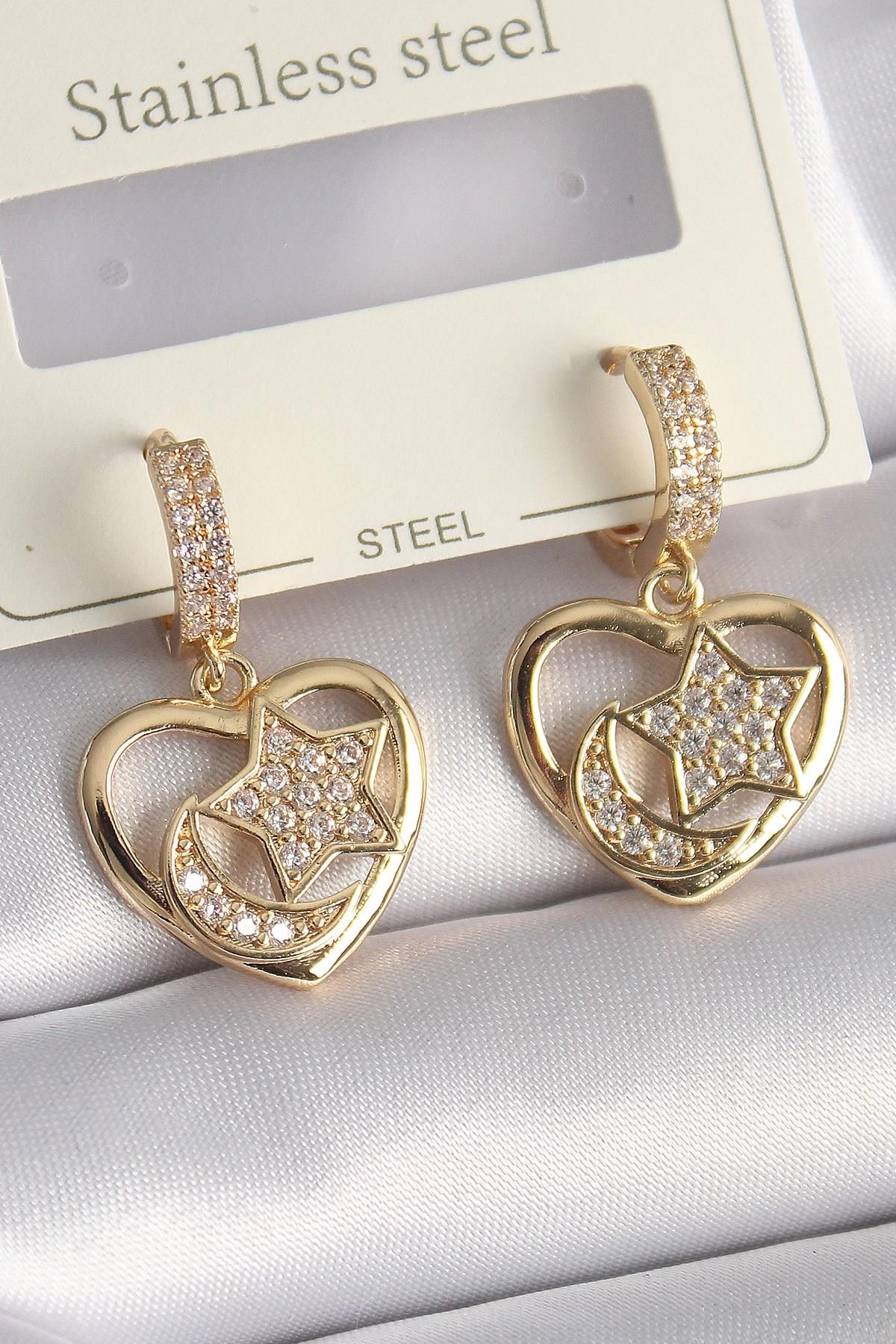 Mey İthalat® Pirinç Gold Renk Zirkon Taşlı Kalp Model Ay Yıldız İşleme Kadın Küpe