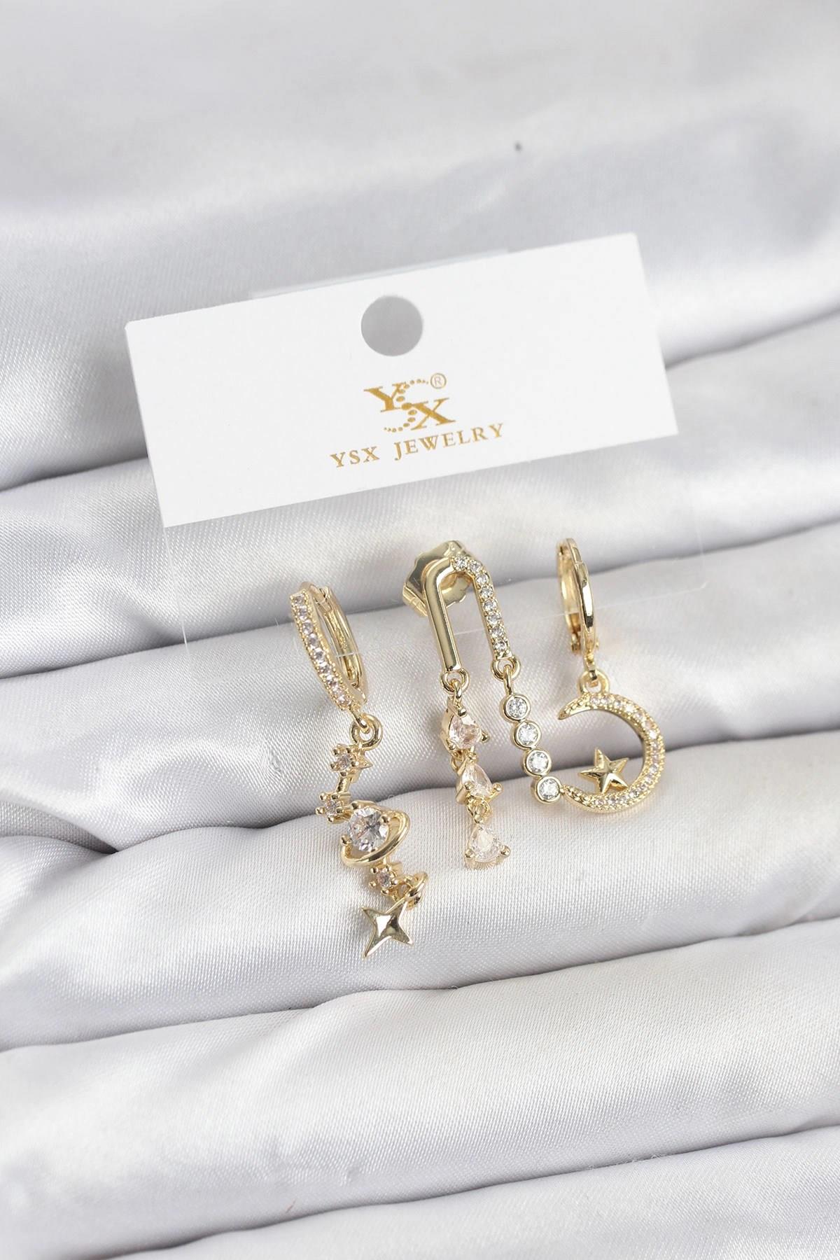 Mey İthalat® Pirinç Gold Renk Zirkon Taşlı Uzay Model YSX Trio Küpe Seti