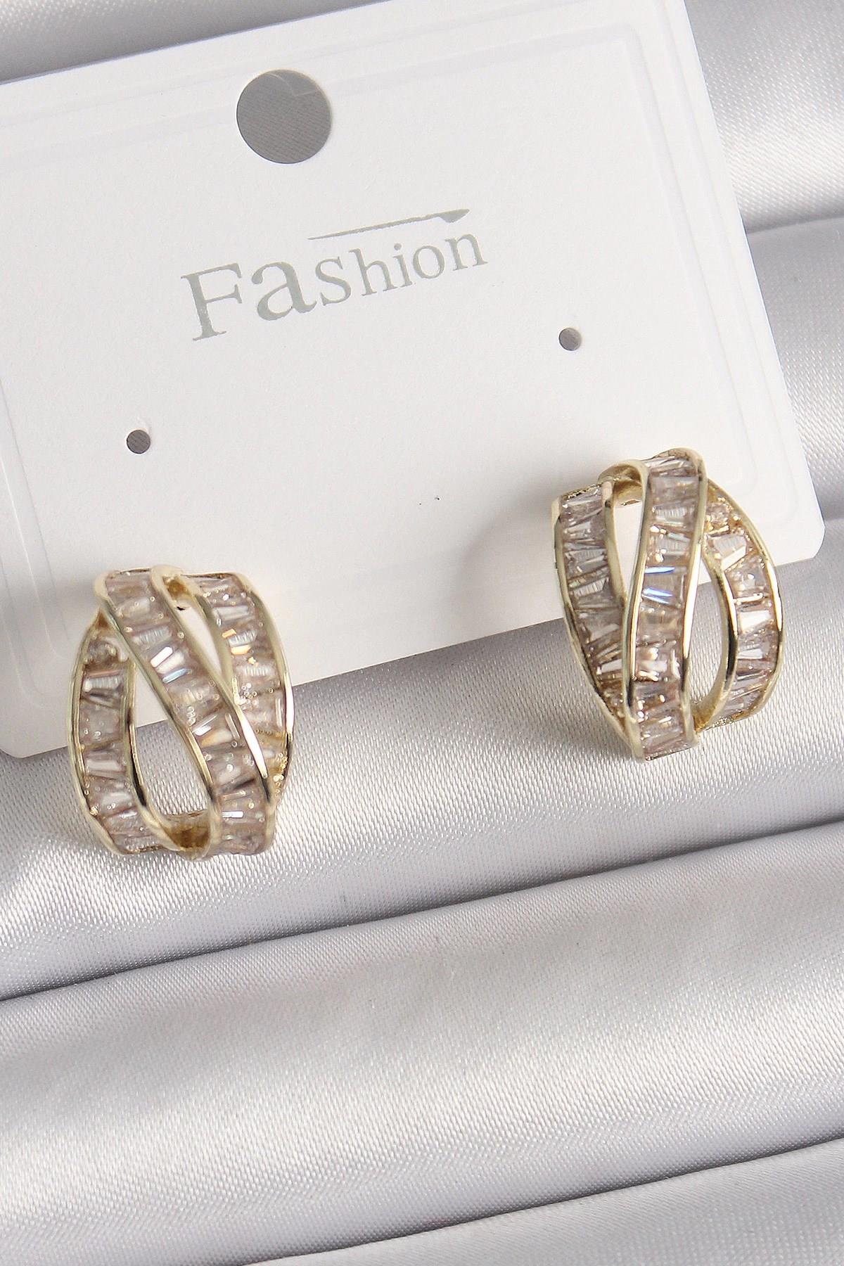 Mey İthalat® Pirinç Gold Renk Zirkon Taşlı Düğüm Halka Model Kadın Küpe