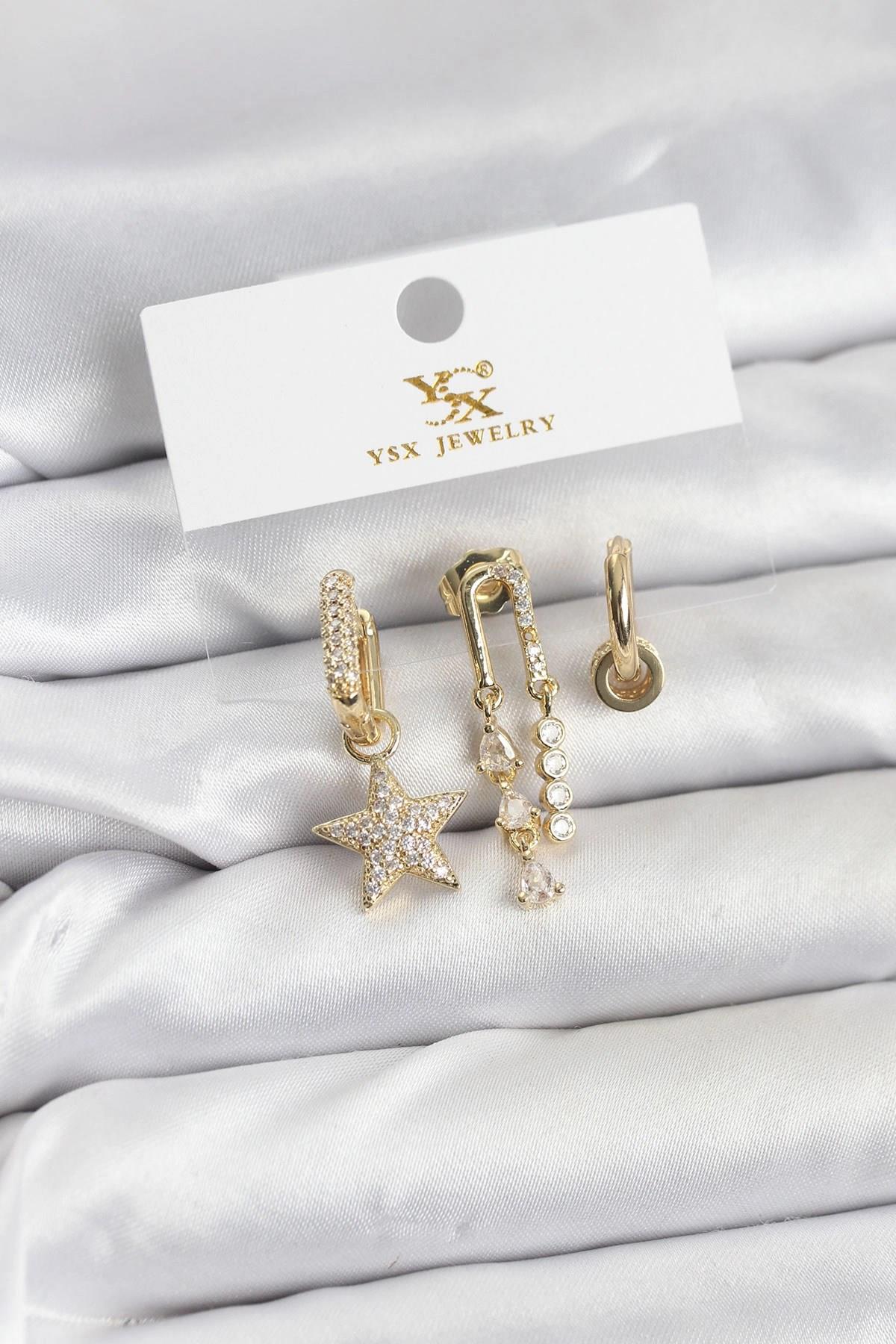Mey İthalat® Pirinç Gold Renk Zirkon Taşlı Yıldız Vintage Model YSX Trio Küpe Seti