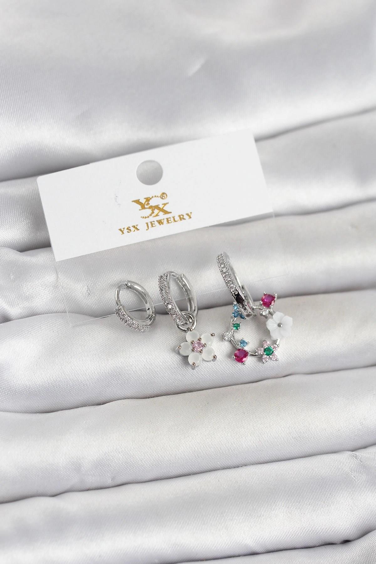 Mey İthalat® Pirinç Gümüş Renk Çiçek Model 3'lü Kadın Küpe
