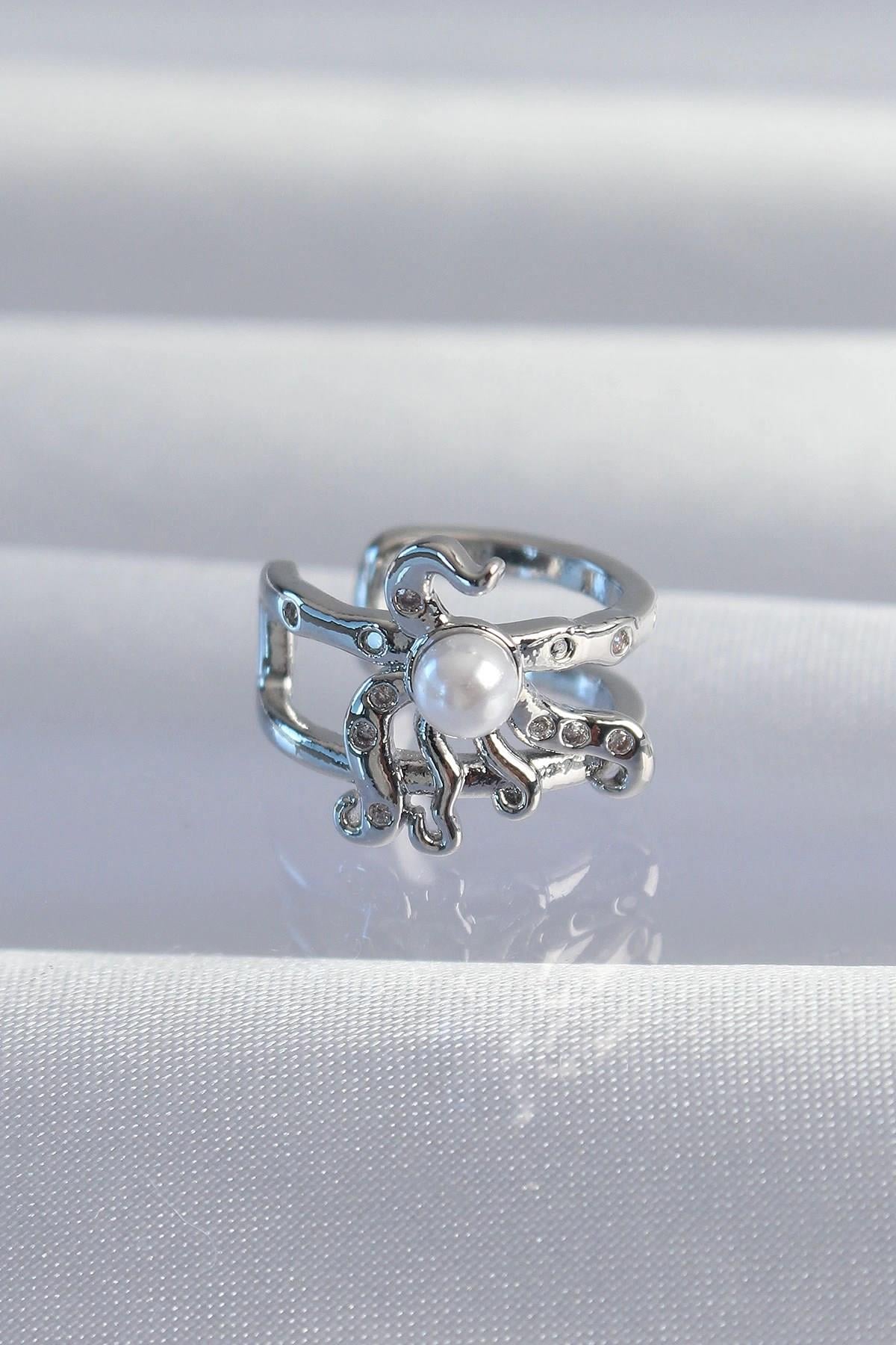 Mey İthalat® Pirinç Gümüş Renk İncili Ahtapot Earcuff Küpe