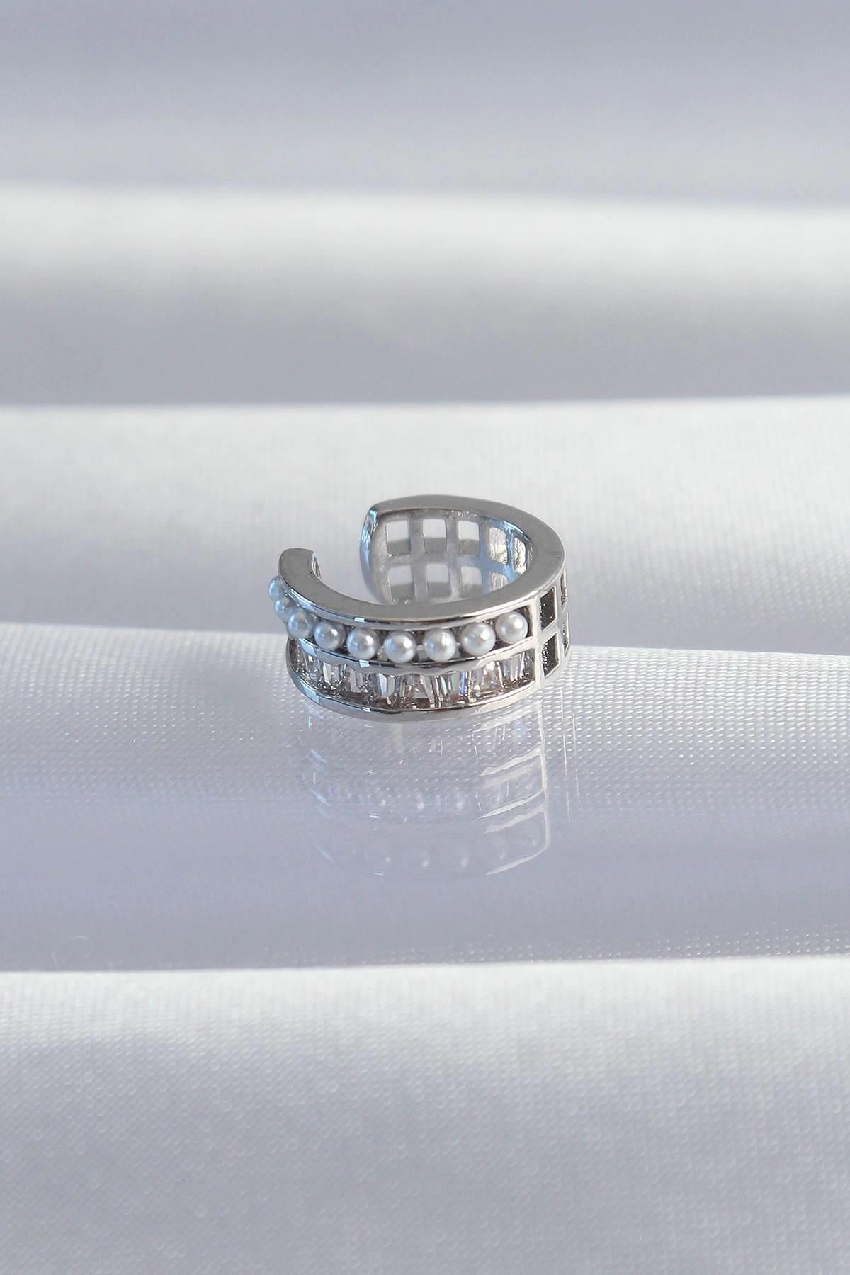 Mey İthalat® Pirinç Gümüş Renk İncili Baget Taşlı Earcuff Küpe