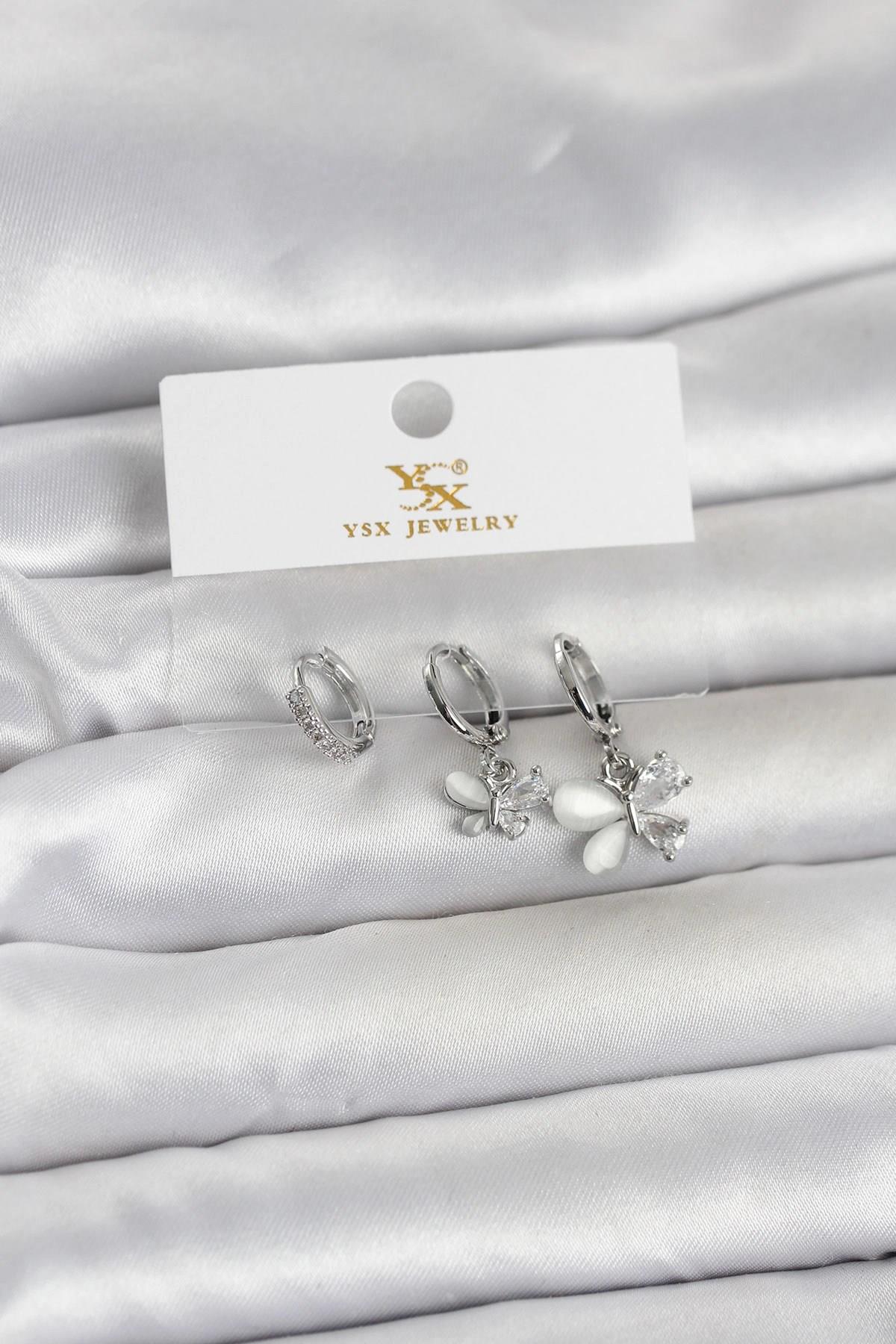Mey İthalat® Pirinç Gümüş Renk Kelebek Model 3'lü Kadın Küpe