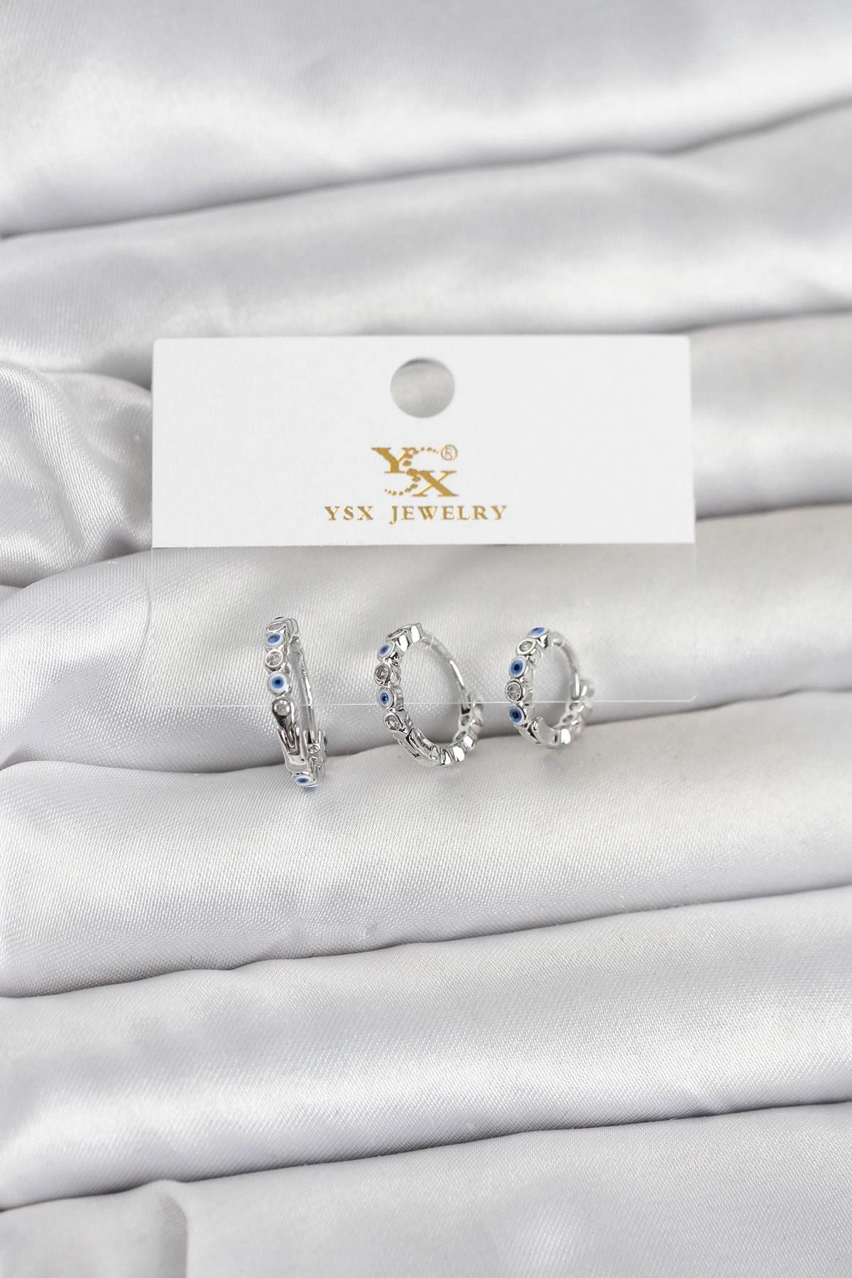 Mey İthalat® Pirinç Gümüş Renk Nazarlı Model 3'lü Kadın Küpe