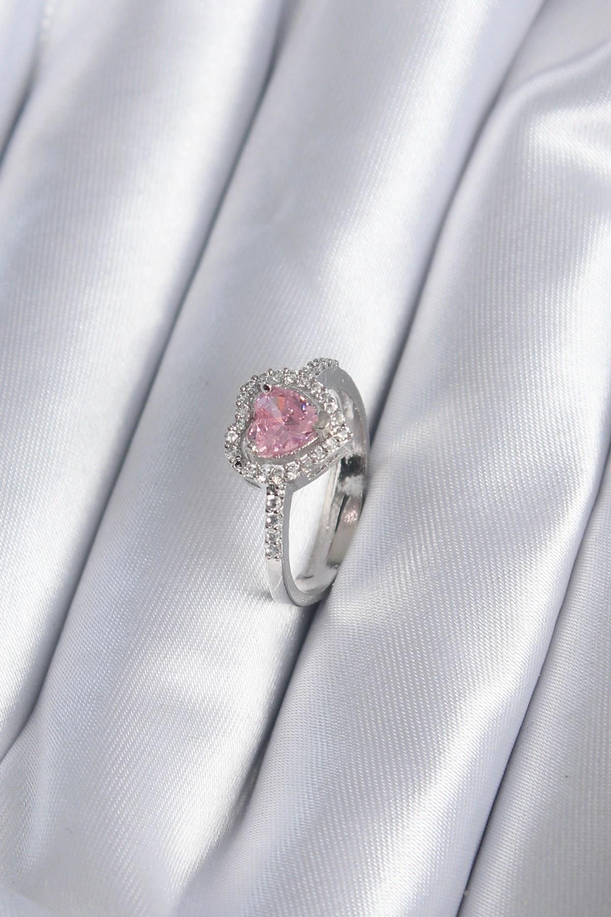 Mey İthalat® Pirinç Gümüş Renk Pembe Zirkon Taş Kalp Charm Model Kadın Yüzük