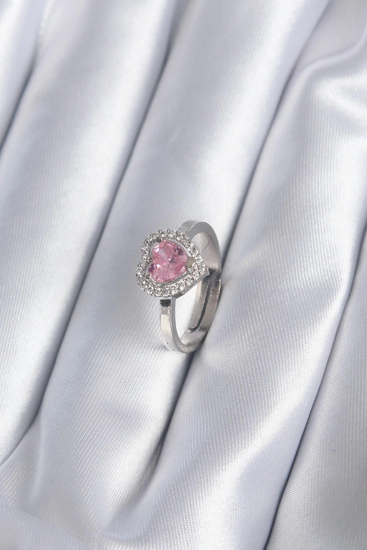 Mey İthalat® Pirinç Gümüş Renk Pembe Zirkon Taşlı Charm Model Kadın Yüzük