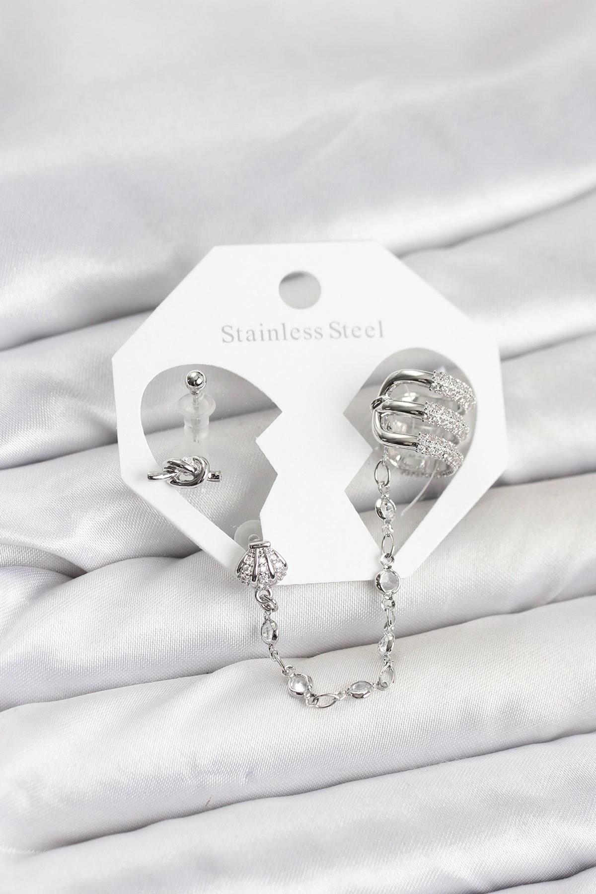 Mey İthalat® Pirinç Gümüş Renk Sarmal Model Zincir Bağlantılı Ear Cuff Küpe Seti