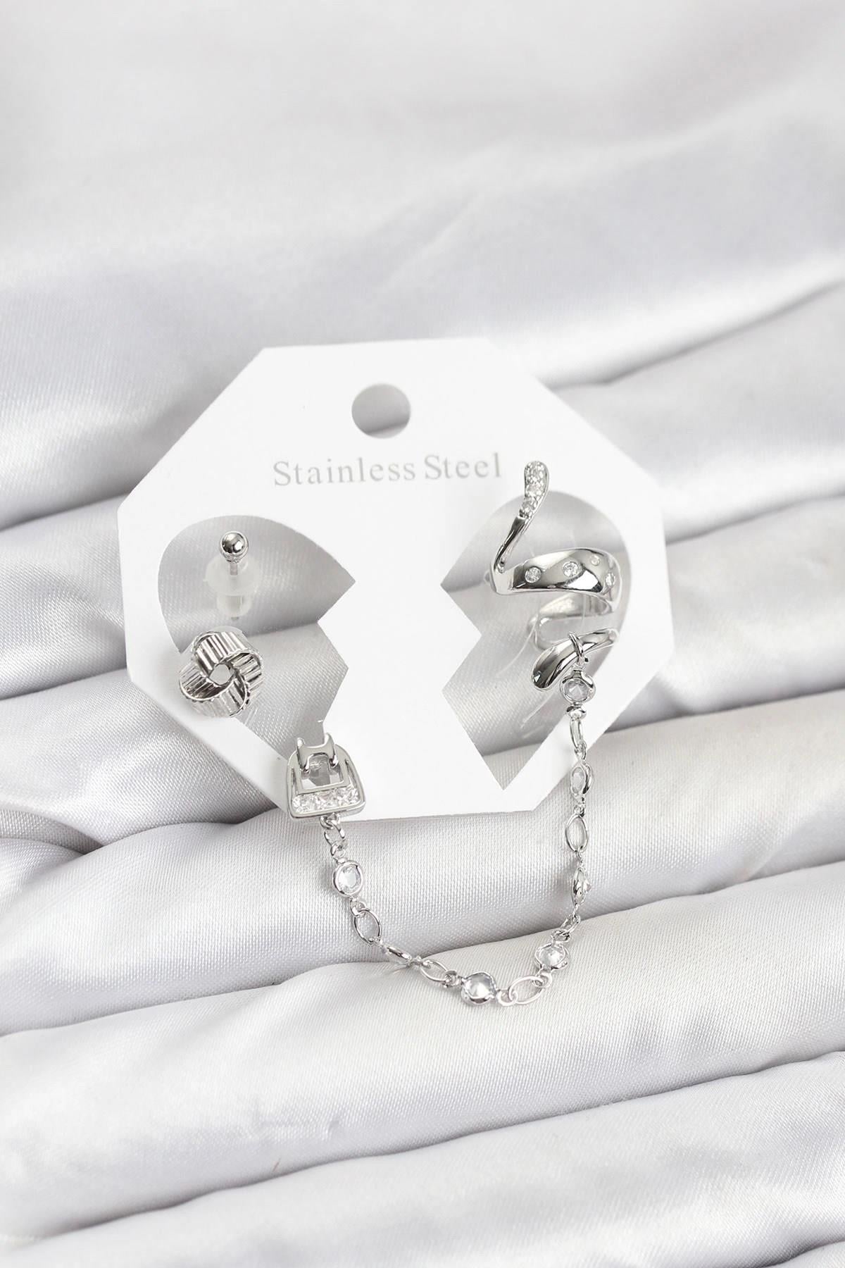 Mey İthalat® Pirinç Gümüş Renk Yılan Model Zincir Bağlantılı Ear Cuff Küpe Seti