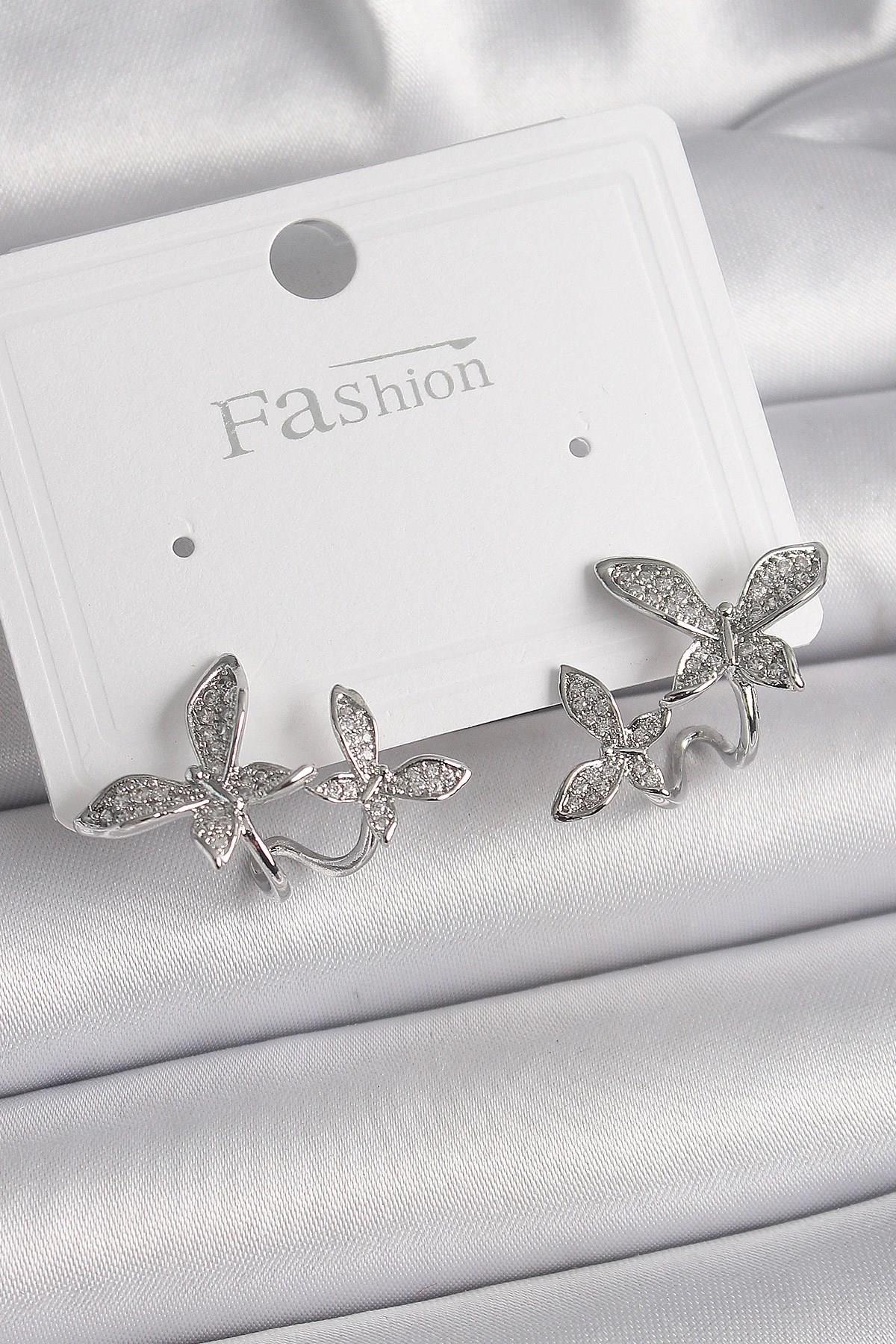 Mey İthalat® Pirinç Gümüş Renk Zirkon Taşlı Kelebek Model Kadın Küpe
