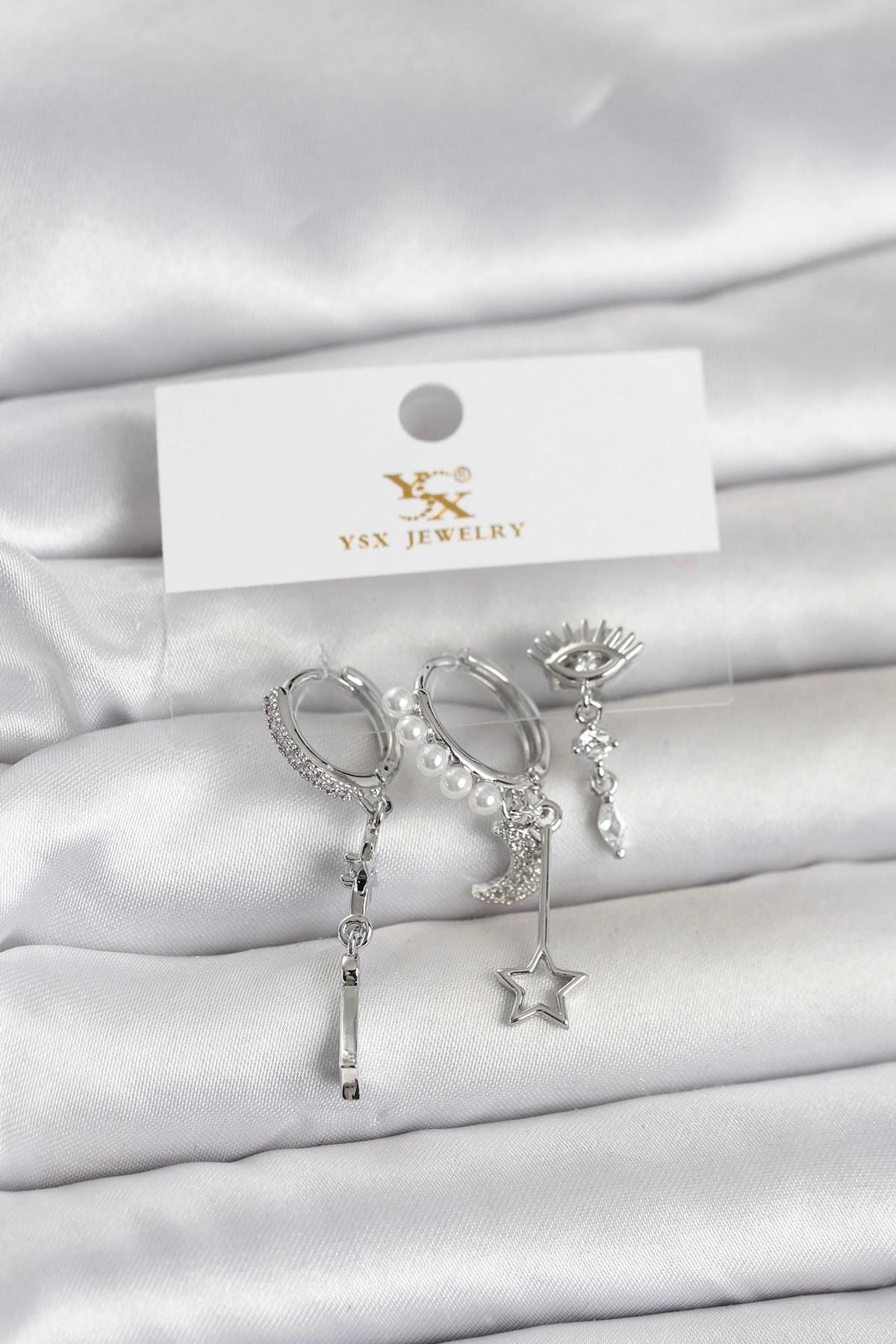 Mey İthalat® Pirinç Gümüş Renk Zirkon Taşlı Gece Temalı 3'lü Kadın Küpe