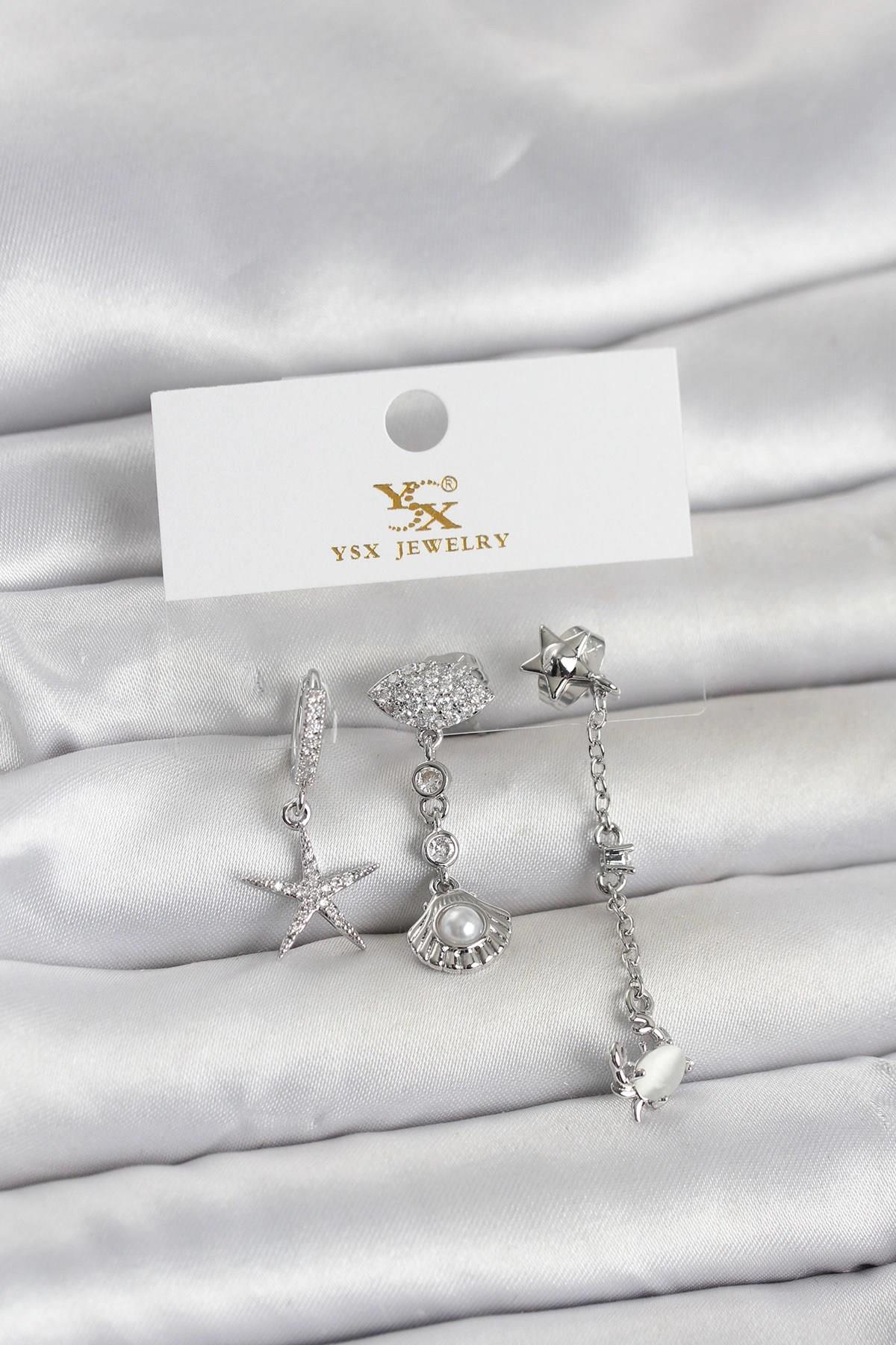 Mey İthalat® Pirinç Gümüş Renk Zirkon Taşlı Deniz Temalı 3'lü Kadın Küpe