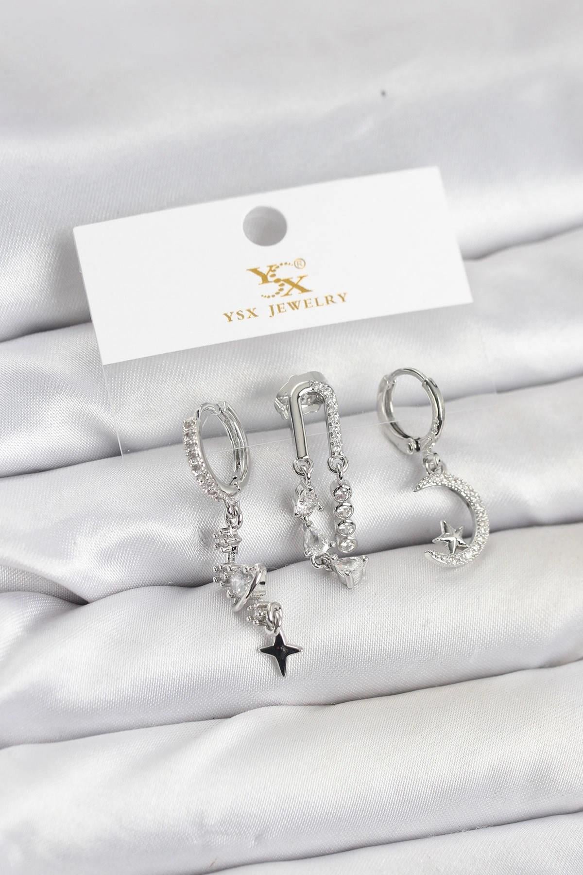 Mey İthalat® Pirinç Gümüş Renk Zirkon Taşlı Uzay Model YSX Trio Küpe Seti