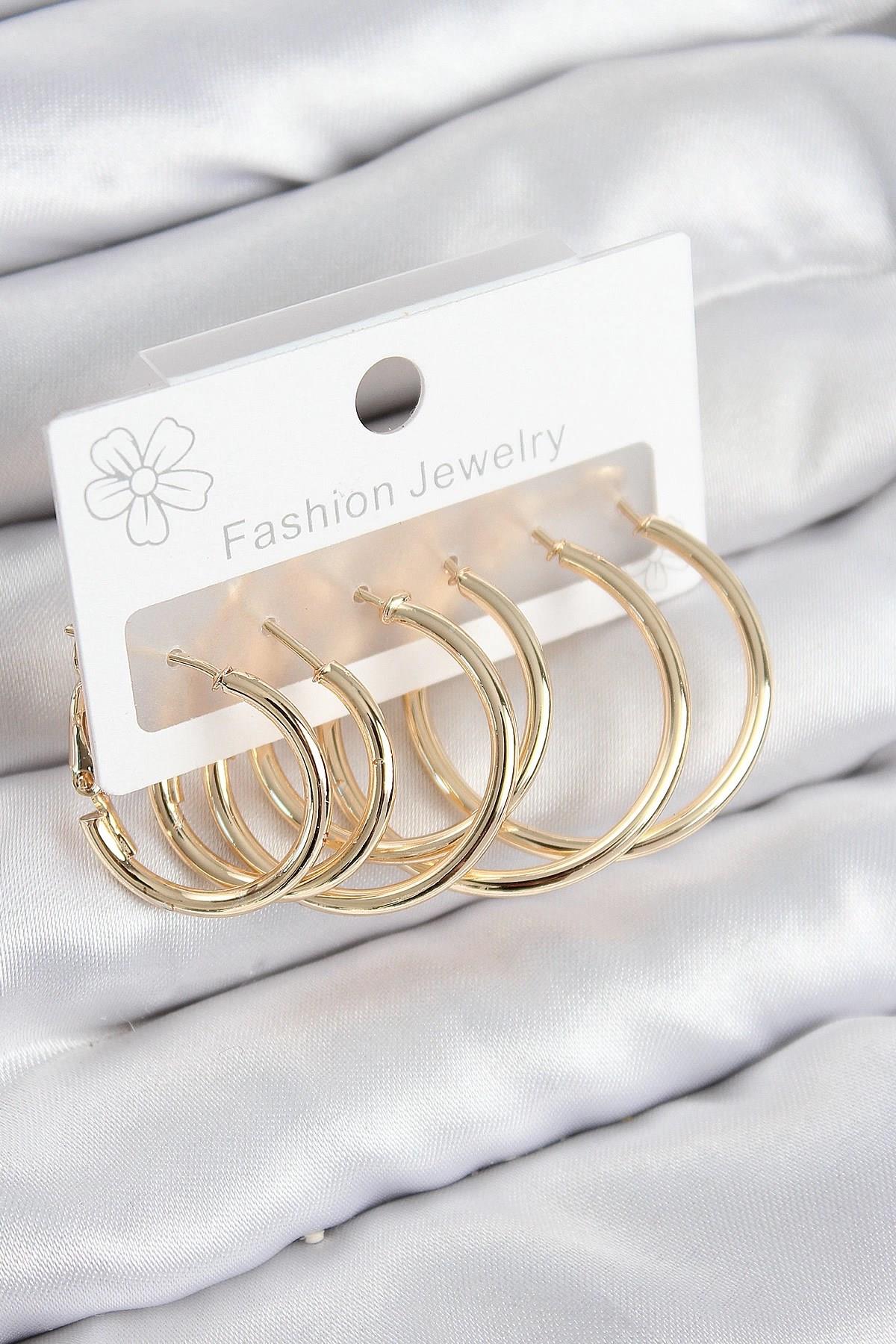 Mey İthalat® Pirinç Halka Model Gold Renk Kadın Set Küpe
