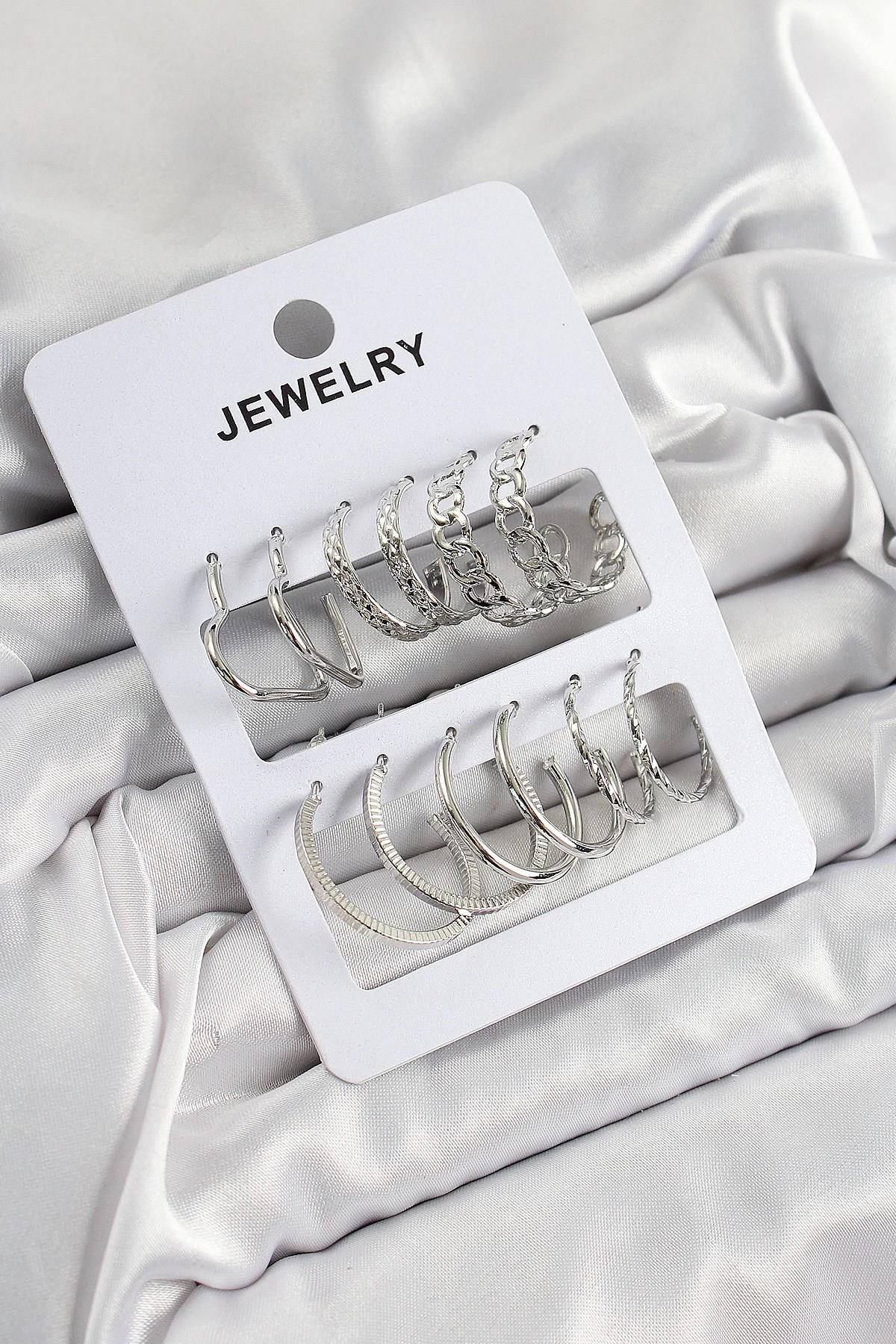 Mey İthalat® Pirinç Karışık Halka Model Gümüş Renk 6 Çift Kadın Küpe Set