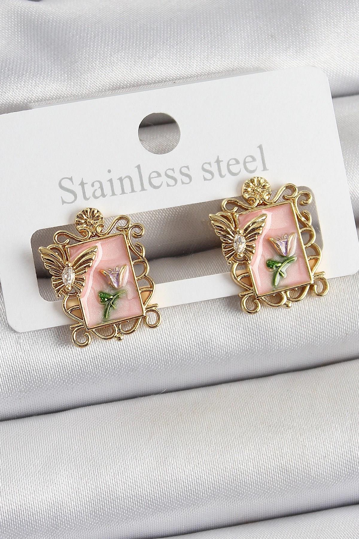 Mey İthalat® Pirinç Pembe Mineli Sanatsal Portre Model Gold Renk Kadın Küpe