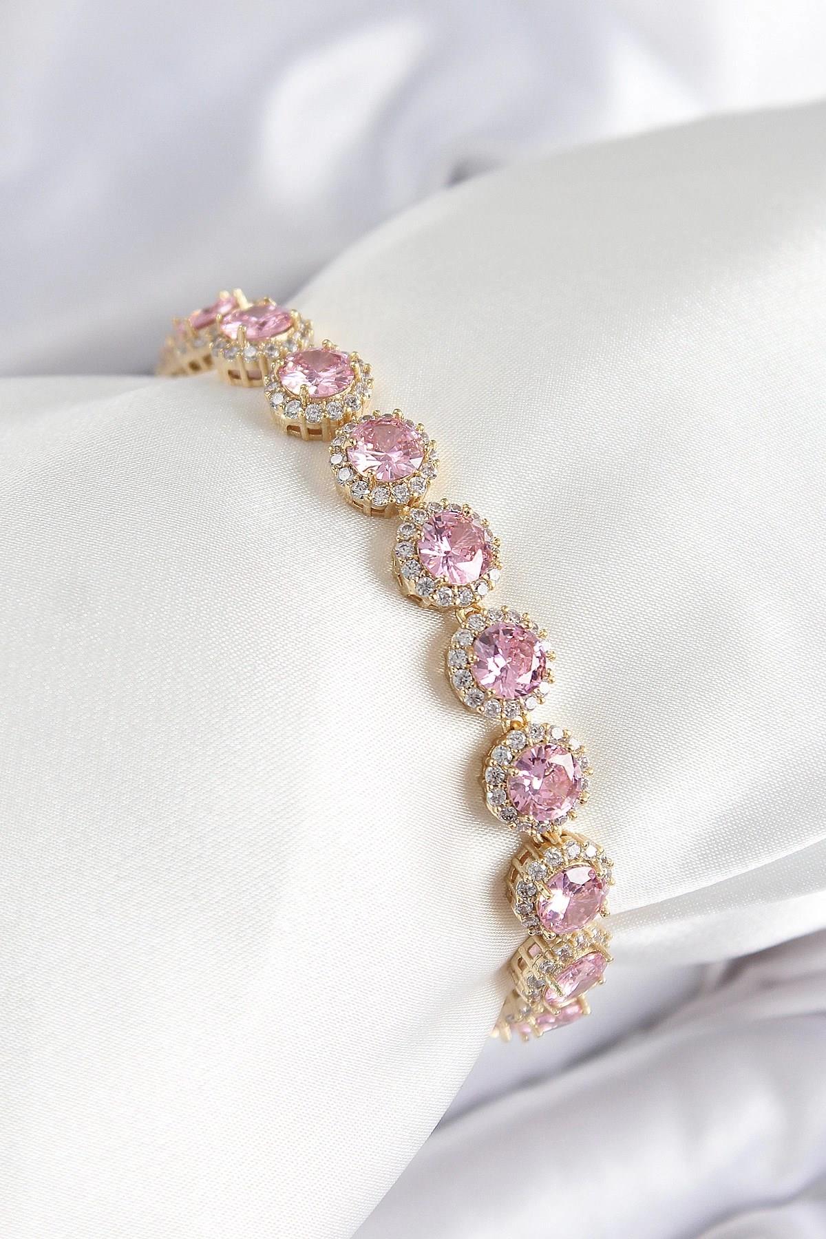 Mey İthalat® Pirinç Pembe Zirkon Taşlı Daire Baget Model Gold Renk VIP Seri Kadın Bileklik