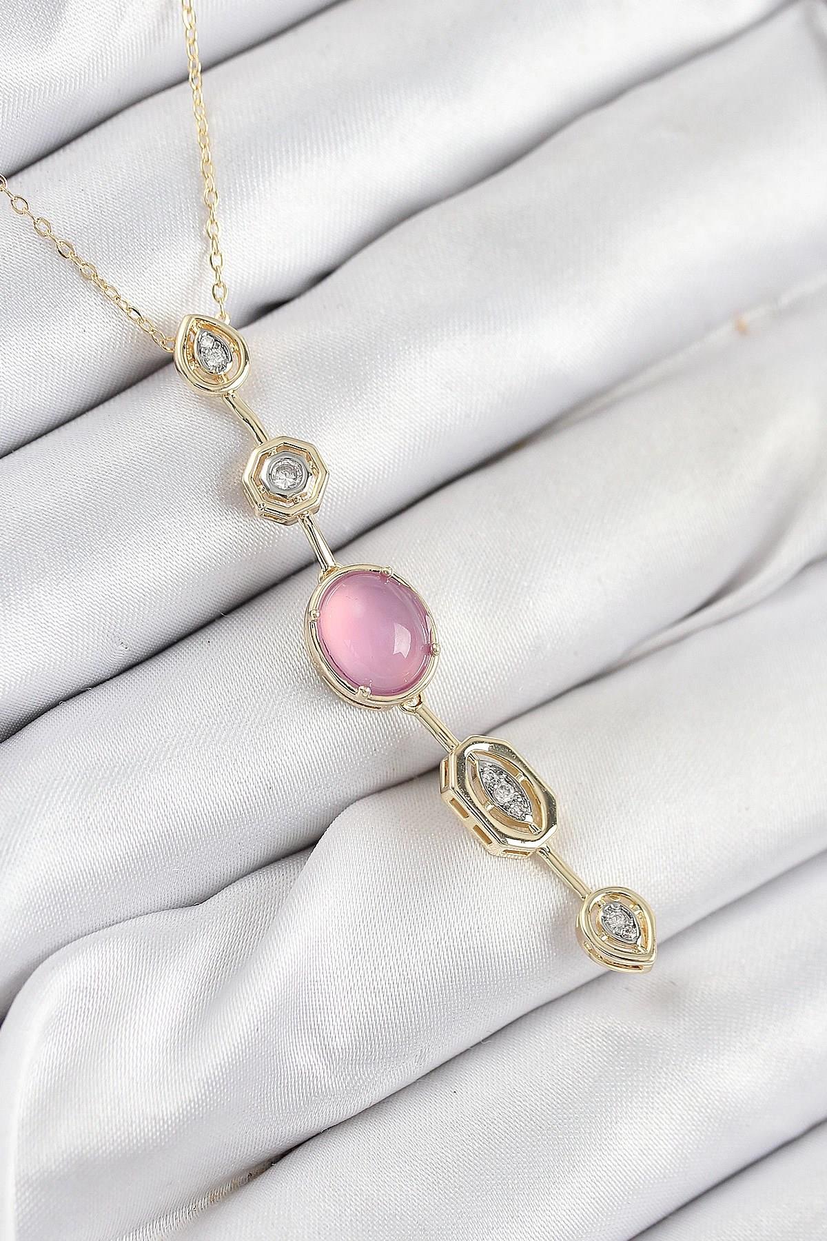 Mey İthalat® Pirinç Zincir Pembe Gold Renk Zirkon Taşlı Y Kolye