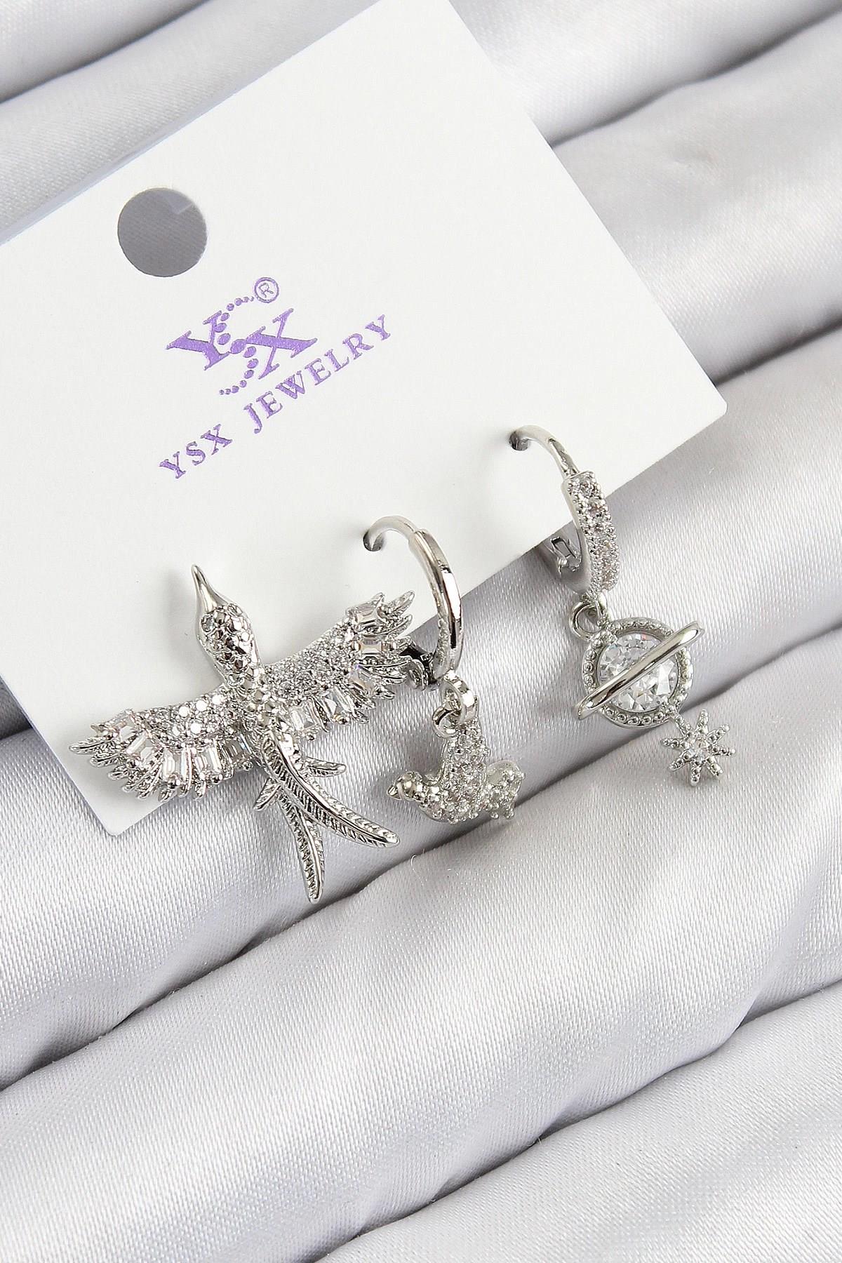 Mey İthalat® Pirinç Zirkon Taşlı 3'lü Kuş Model Gümüş Renk Kadın Küpe