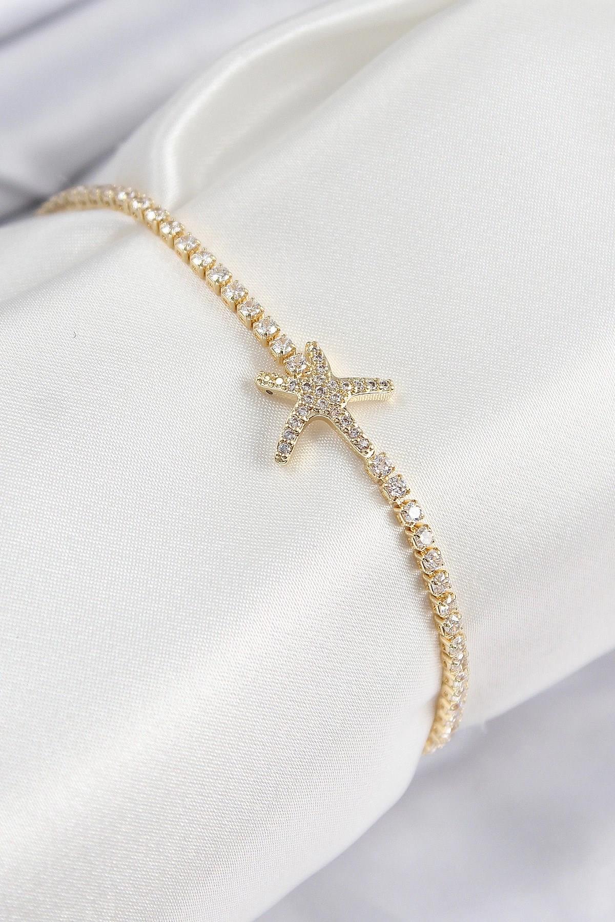 Mey İthalat® Pirinç Zirkon Taşlı Deniz Yıldızı Model Gold Renk Kadın Bileklik