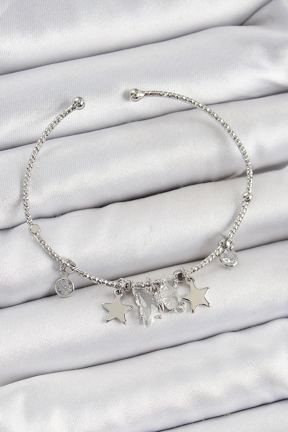 Mey İthalat® Pirinç Zirkon Taşlı Kelebek Ve Yıldız Model Gümüş Renk Charm Bileklik