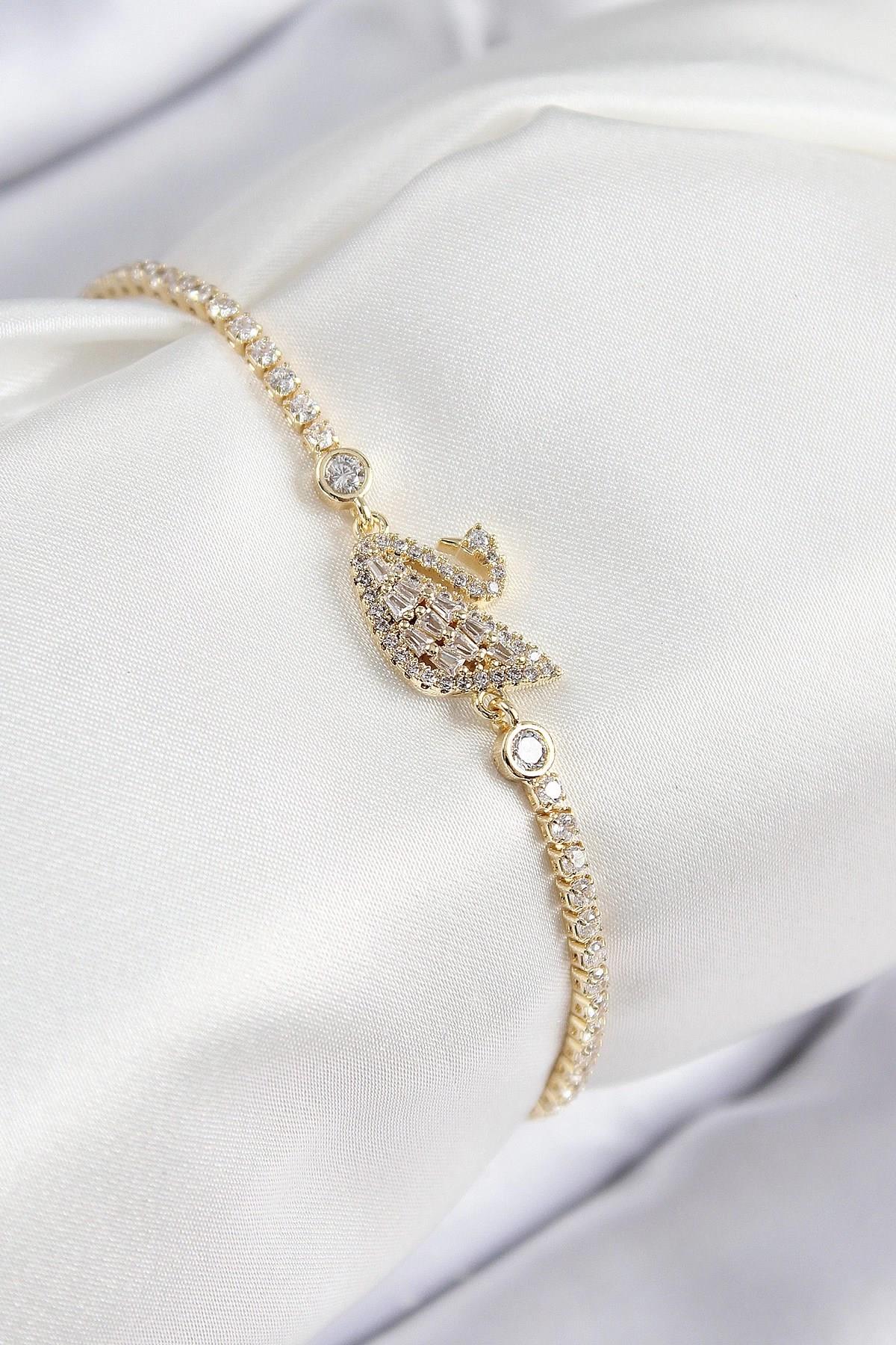 Mey İthalat® Pirinç Zirkon Taşlı Kuğu Model Gold Renk Kadın Bileklik