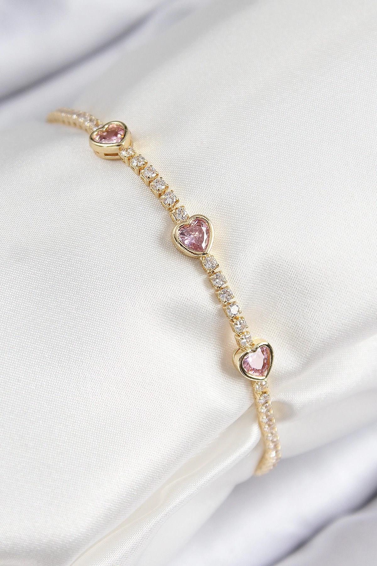 Mey İthalat® Pirinç Zirkon Taşlı Pembe Kalp Model Gold Renk Kadın Bileklik