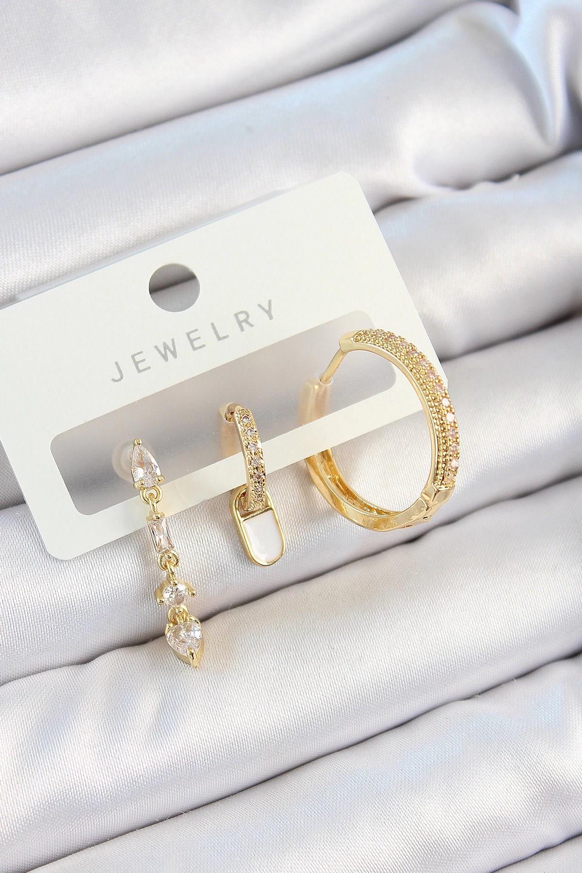 Mey İthalat® Pirinç Zirkon Taşlı Sallantılı Model Gold Renk 3'lü Çift Kadın Küpe Set