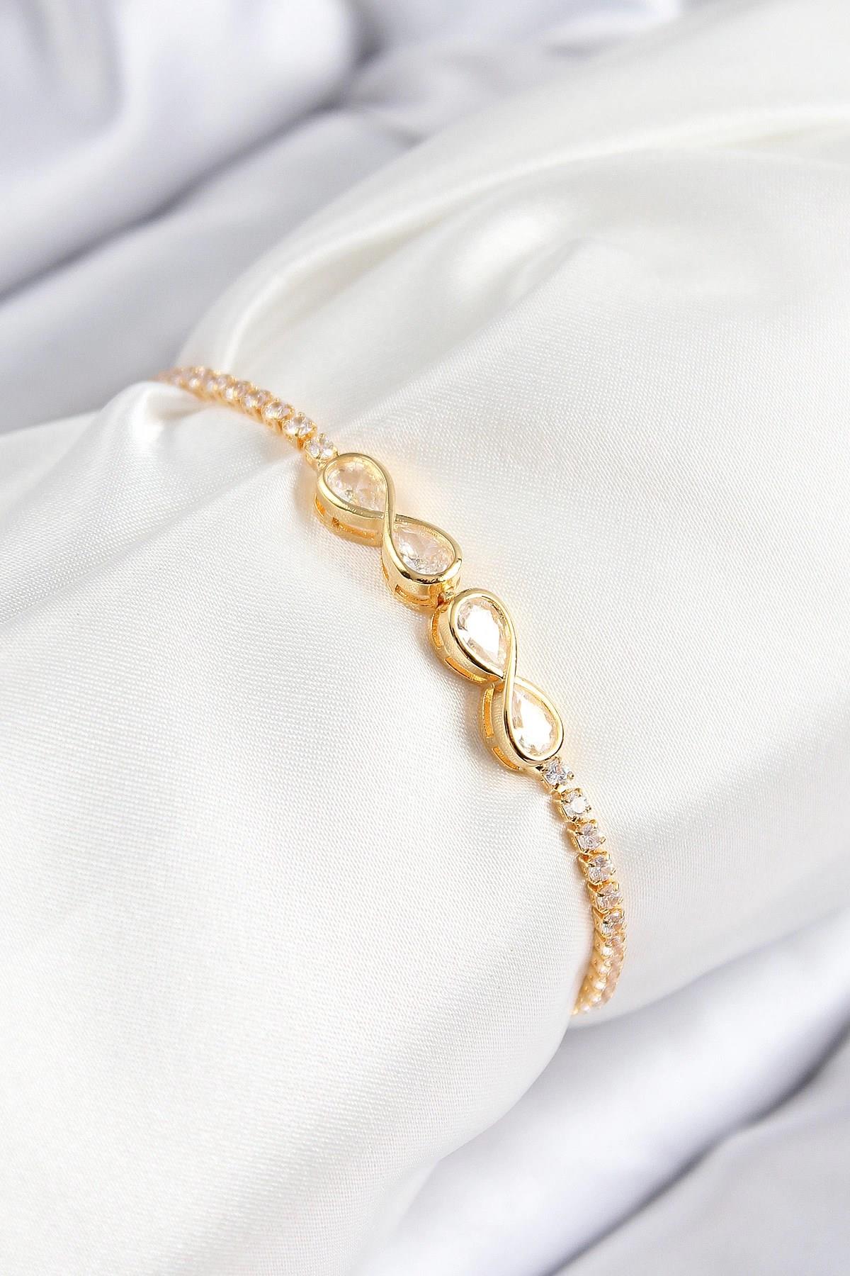 Mey İthalat® Pirinç Zirkon Taşlı Sonsuzluk Model Gold Renk Asansörlü Kadın Bileklik