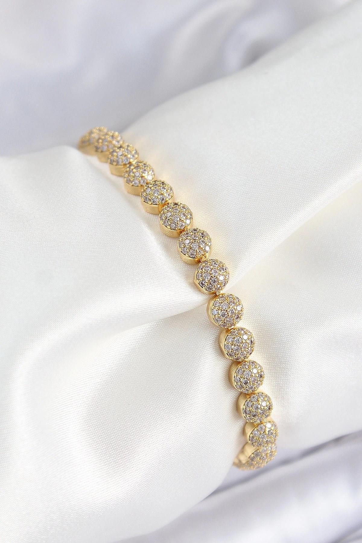 Mey İthalat® Pirinç Zirkon Taşlı Yarım Topcuk Model Gold Renk VIP Seri Kadın Bileklik