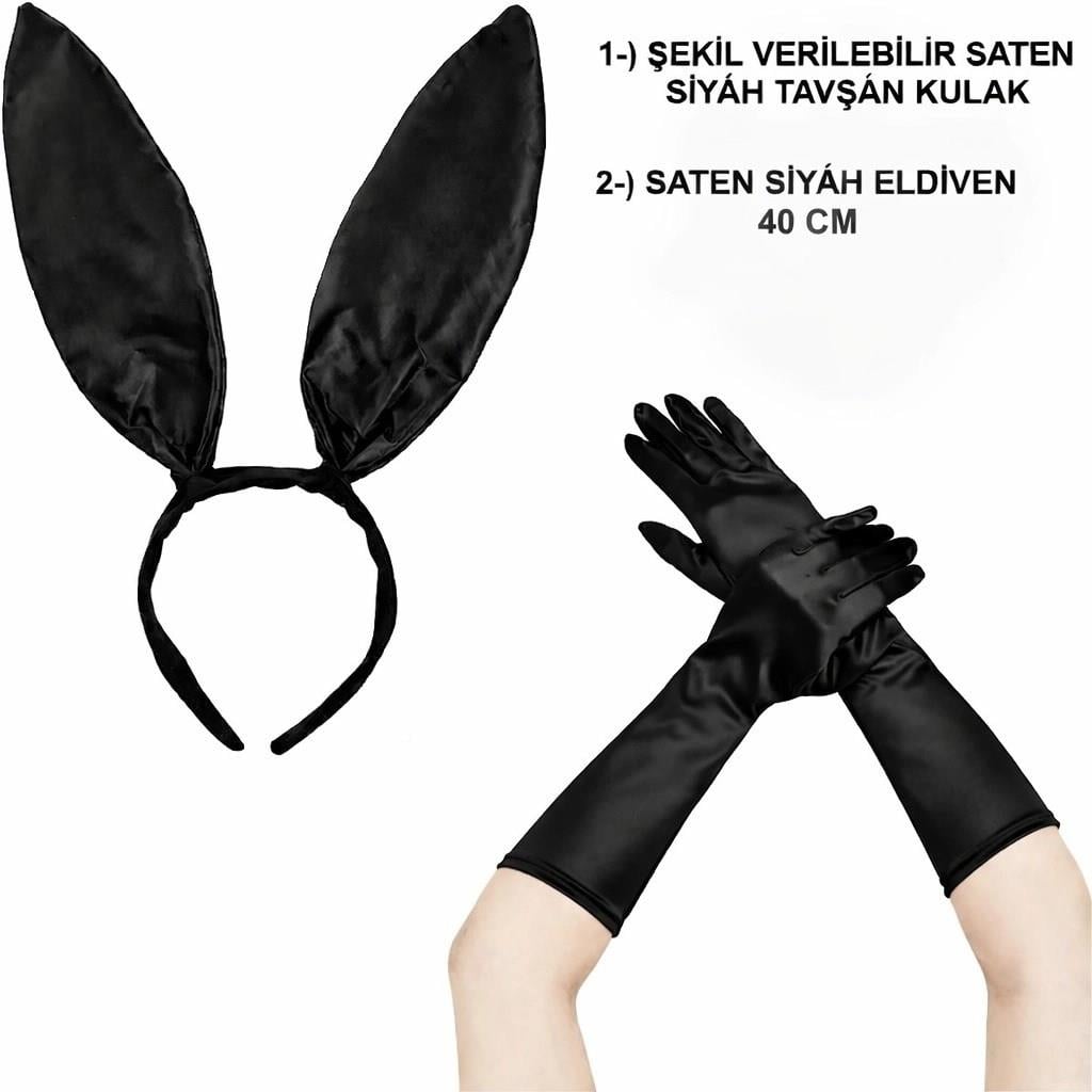 Mey İthalat® Siyah Parlak Tavşan Kulak ve 40 cm Parlak Siyah Eldiven Kostüm Seti