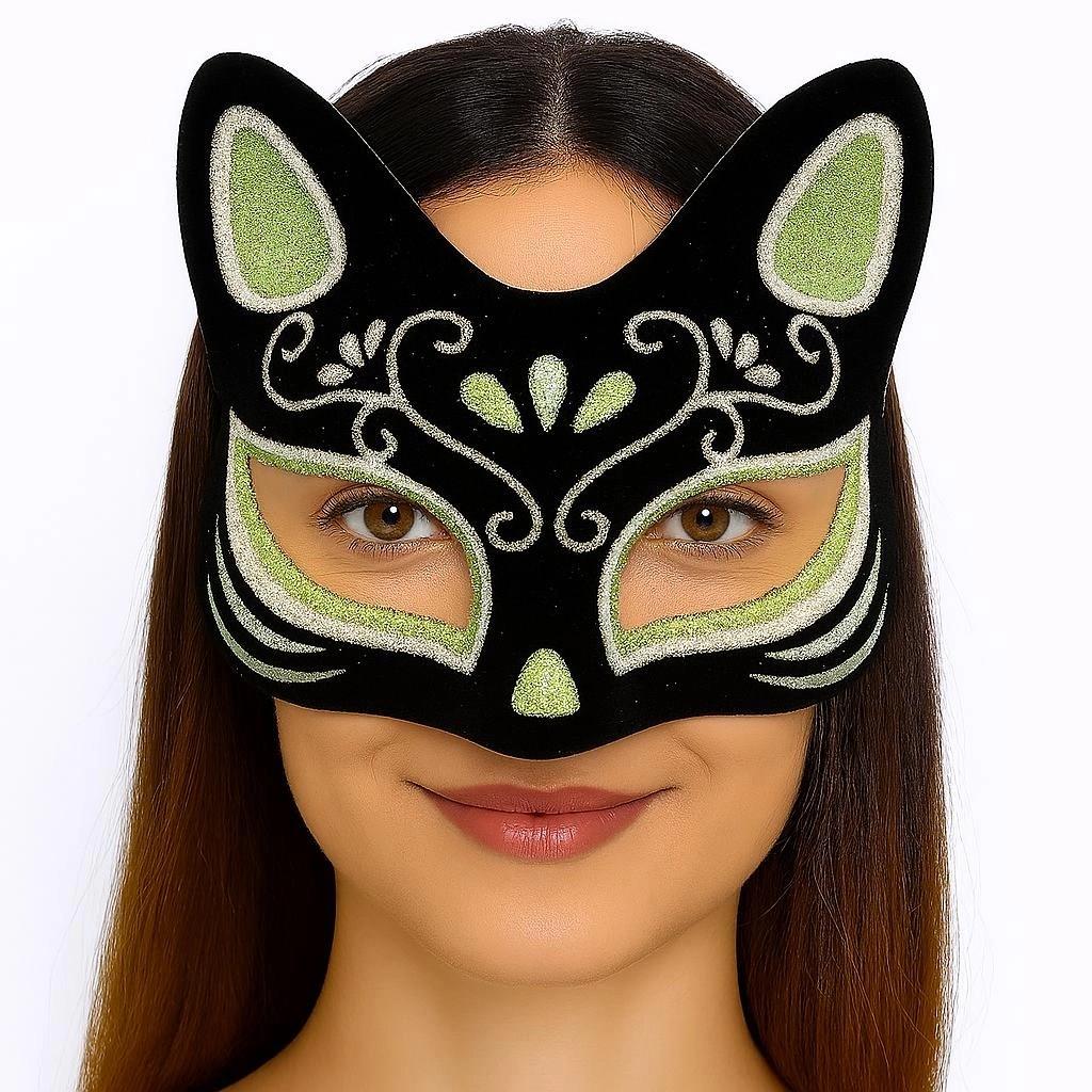 Mey İthalat® Siyah Renk Süet Kaplama Üzeri Gümüş Yeşil Simli Kedi Maskesi 17x14 cm